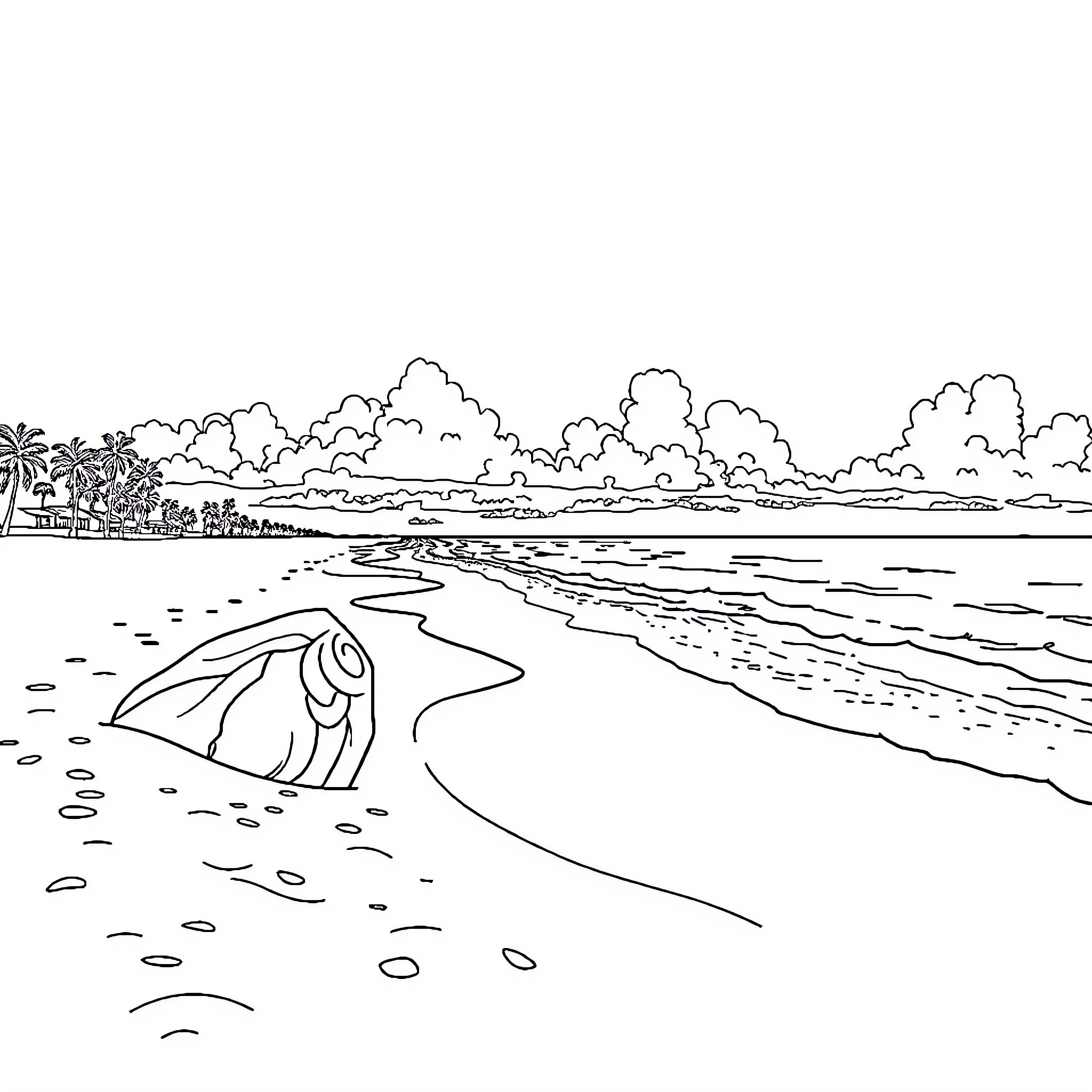 Beach with tropical scenery and marine life Coloring Page (free black-and-white line drawing printable PDF for all, from beginners to advanced learners, including children, teens, adults, and seniors)