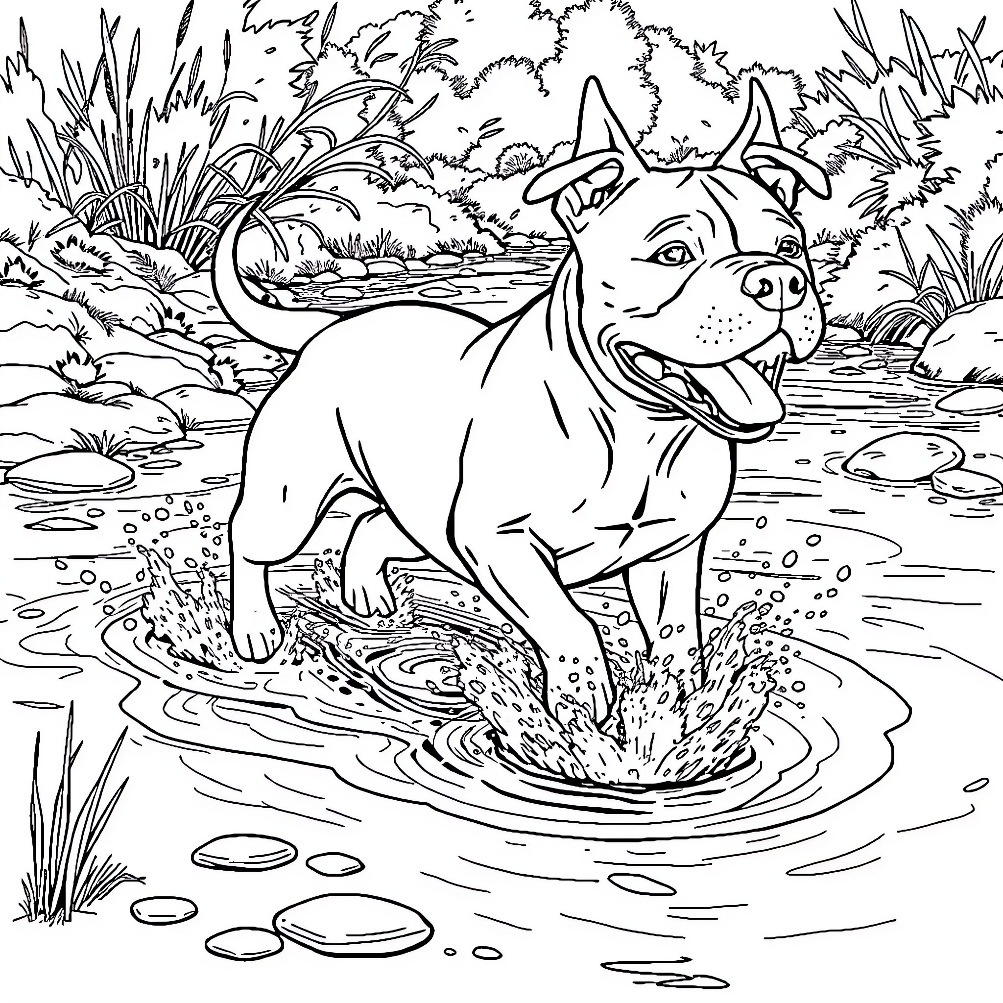 Pitbull splashing happily in the pond Coloring Page (free black-and-white line drawing printable PDF for all, from beginners to advanced learners, including children, teens, adults, and seniors)