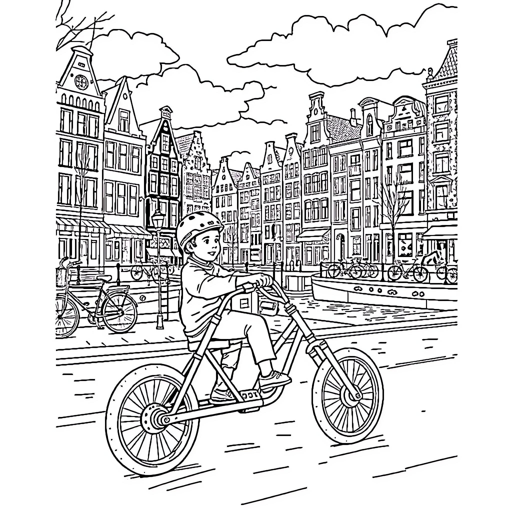 Boy riding bicycle through historic European city Coloring Page (free black-and-white line drawing printable PDF for all, from beginners to advanced learners, including children, teens, adults, and seniors)