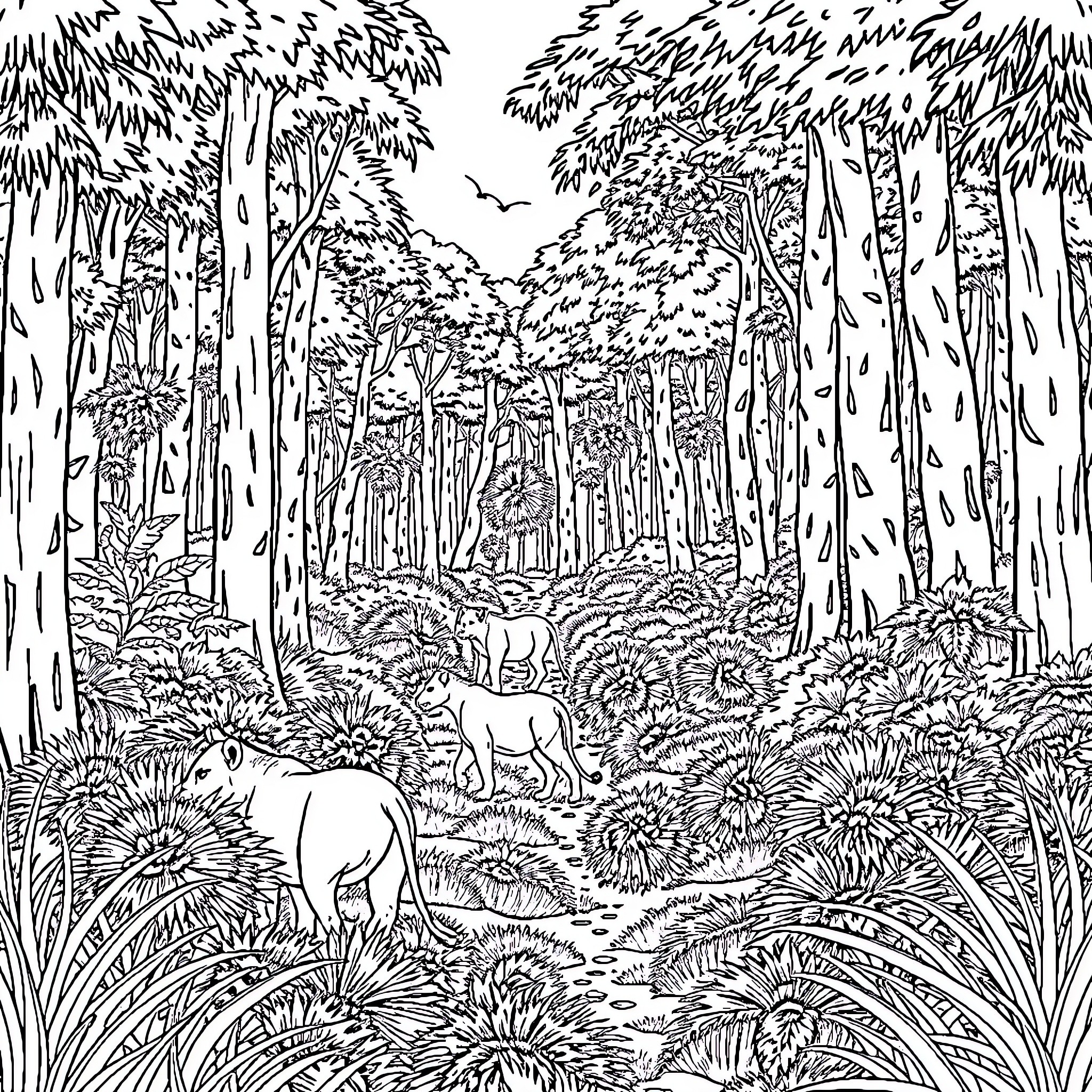 Lion wandering through the lush forest landscape Coloring Page (free black-and-white line drawing printable PDF for all, from beginners to advanced learners, including children, teens, adults, and seniors)