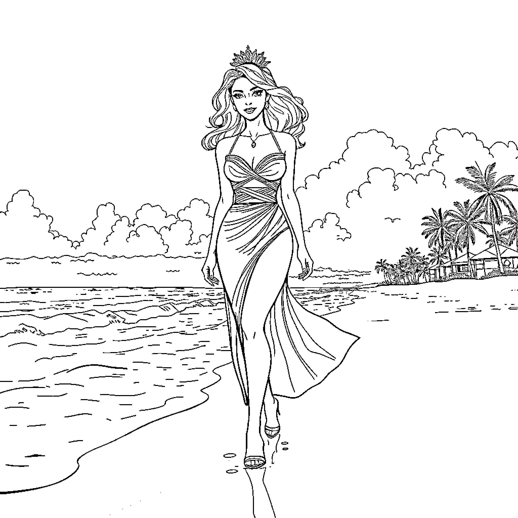 Princess walking gracefully on the beach Coloring Page (free black-and-white line drawing printable PDF for all, from beginners to advanced learners, including children, teens, adults, and seniors)