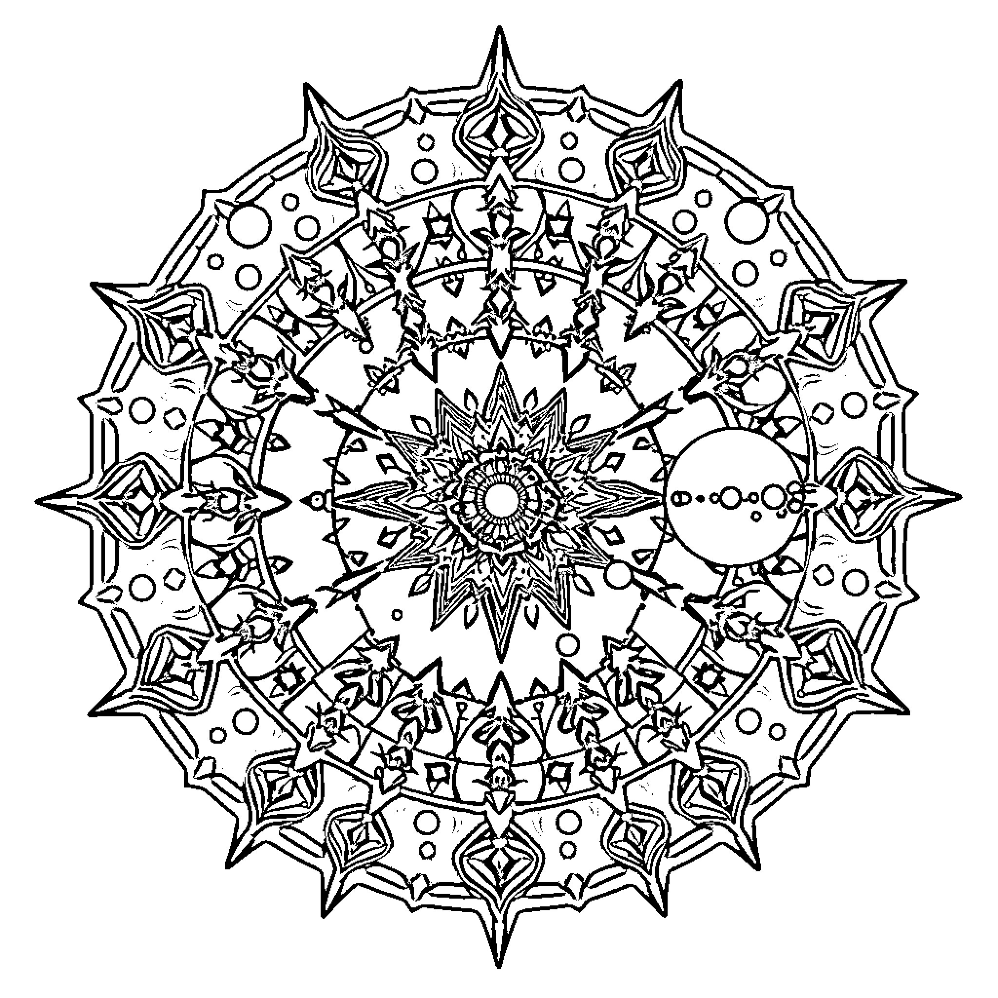 Mandala with intricate geometric patterns Coloring Page (free black-and-white line drawing printable PDF for all, from beginners to advanced learners, including children, teens, adults, and seniors)