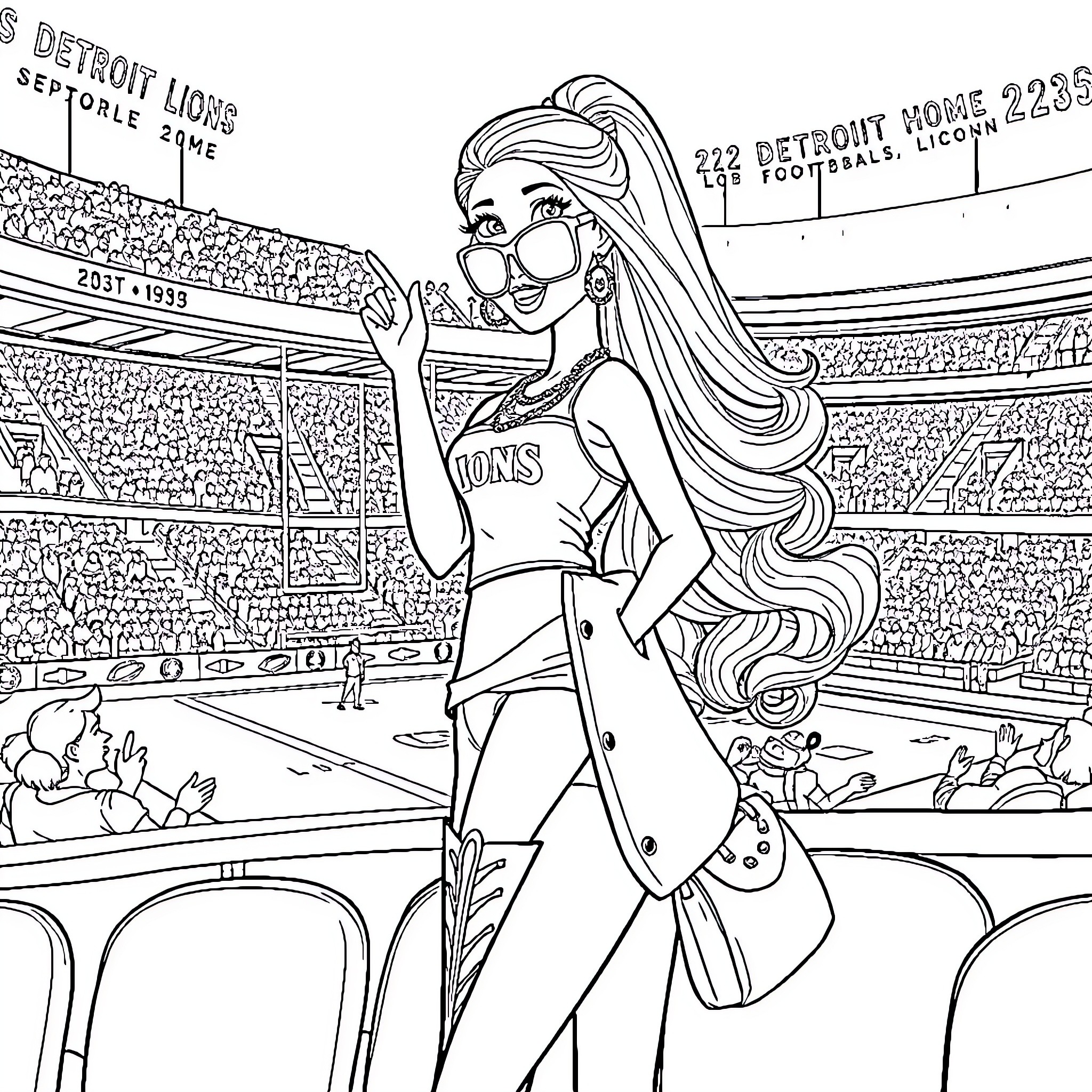 Barbie Cheers for Her Favorite Sports Team Coloring Page (free black-and-white line drawing printable PDF for all, from beginners to advanced learners, including children, teens, adults, and seniors)