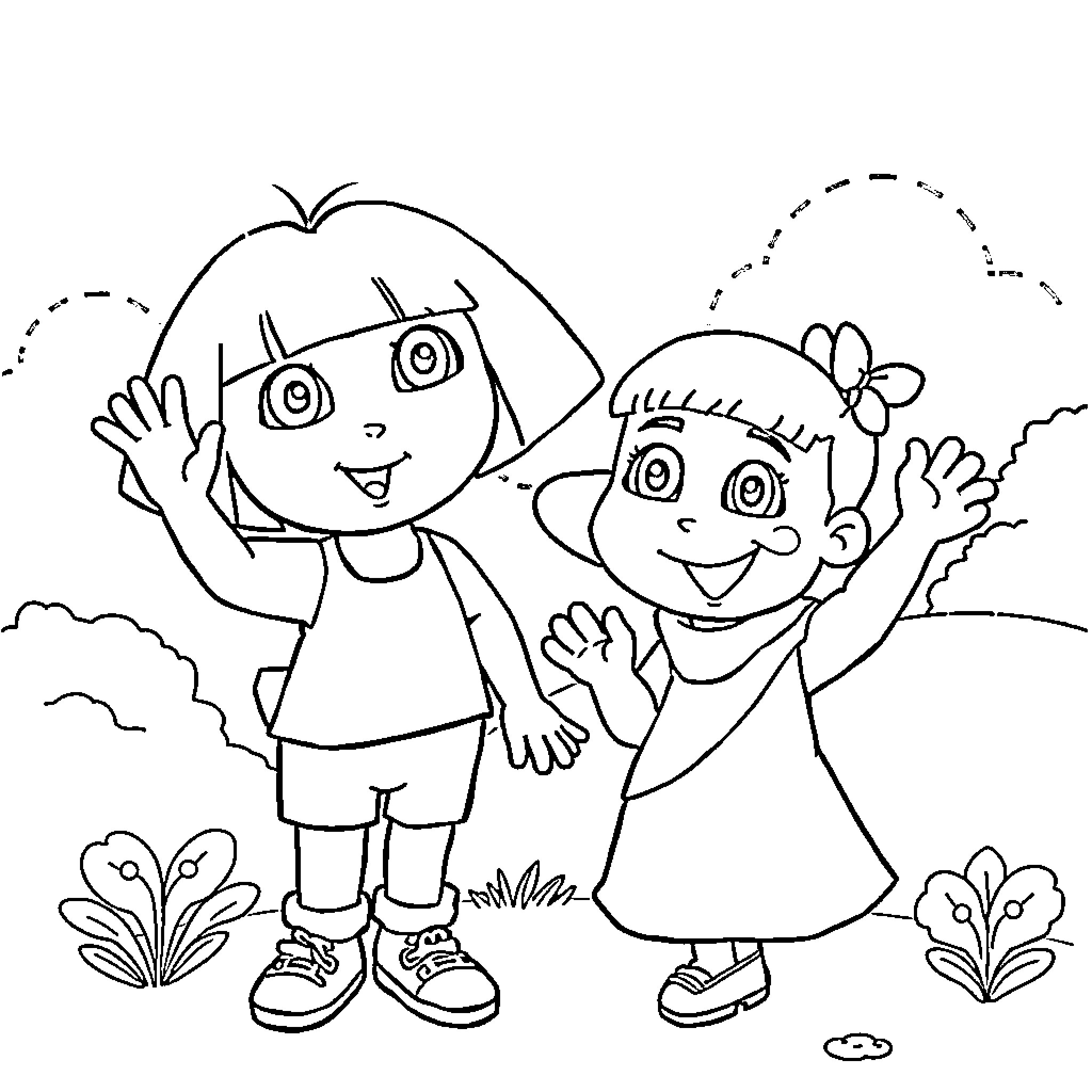 Dora and her friend waving happily in nature Coloring Page (free black-and-white line drawing printable PDF for all, from beginners to advanced learners, including children, teens, adults, and seniors)
