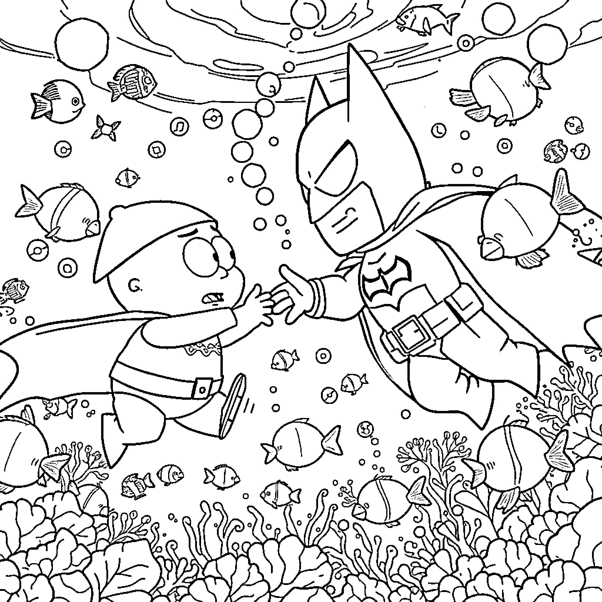 Cartman exploring the underwater world with Batman Coloring Page (free black-and-white line drawing printable PDF for all, from beginners to advanced learners, including children, teens, adults, and seniors)