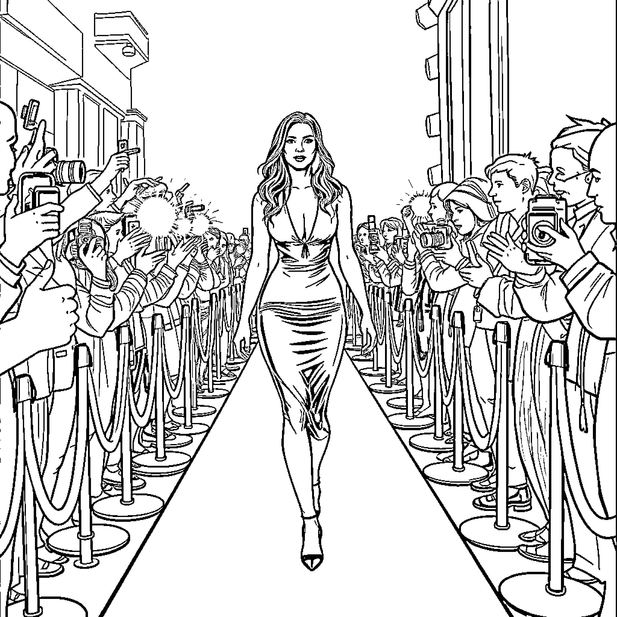 Gal Gadot walking the red carpet in a glamorous outfit Coloring Page (free black-and-white line drawing printable PDF for all, from beginners to advanced learners, including children, teens, adults, and seniors)