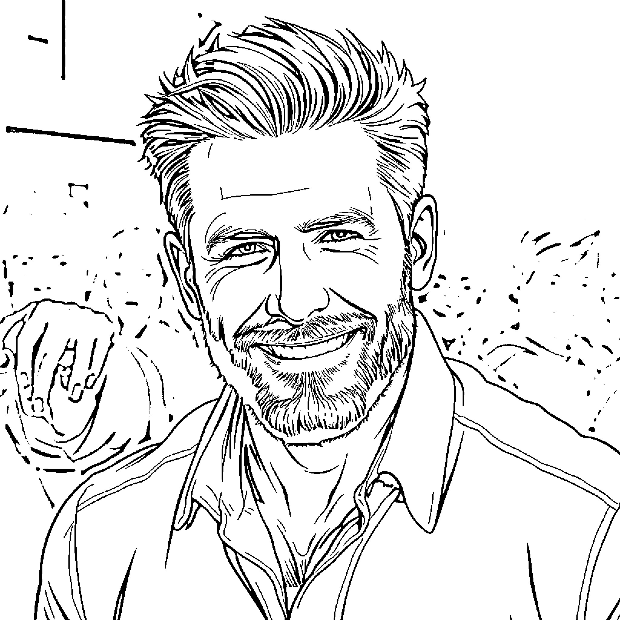 Chris Evans smiling warmly in a casual outfit Coloring Page (free black-and-white line drawing printable PDF for all, from beginners to advanced learners, including children, teens, adults, and seniors)