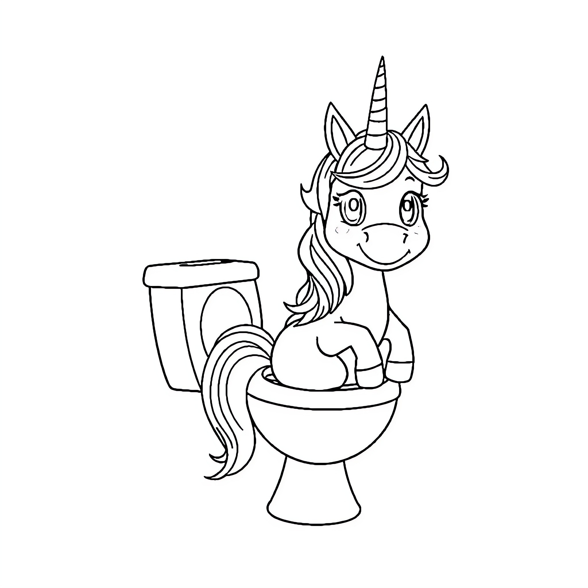 Unicorn sitting on a toilet Coloring Page (free black-and-white line drawing printable PDF for all, from beginners to advanced learners, including children, teens, adults, and seniors)