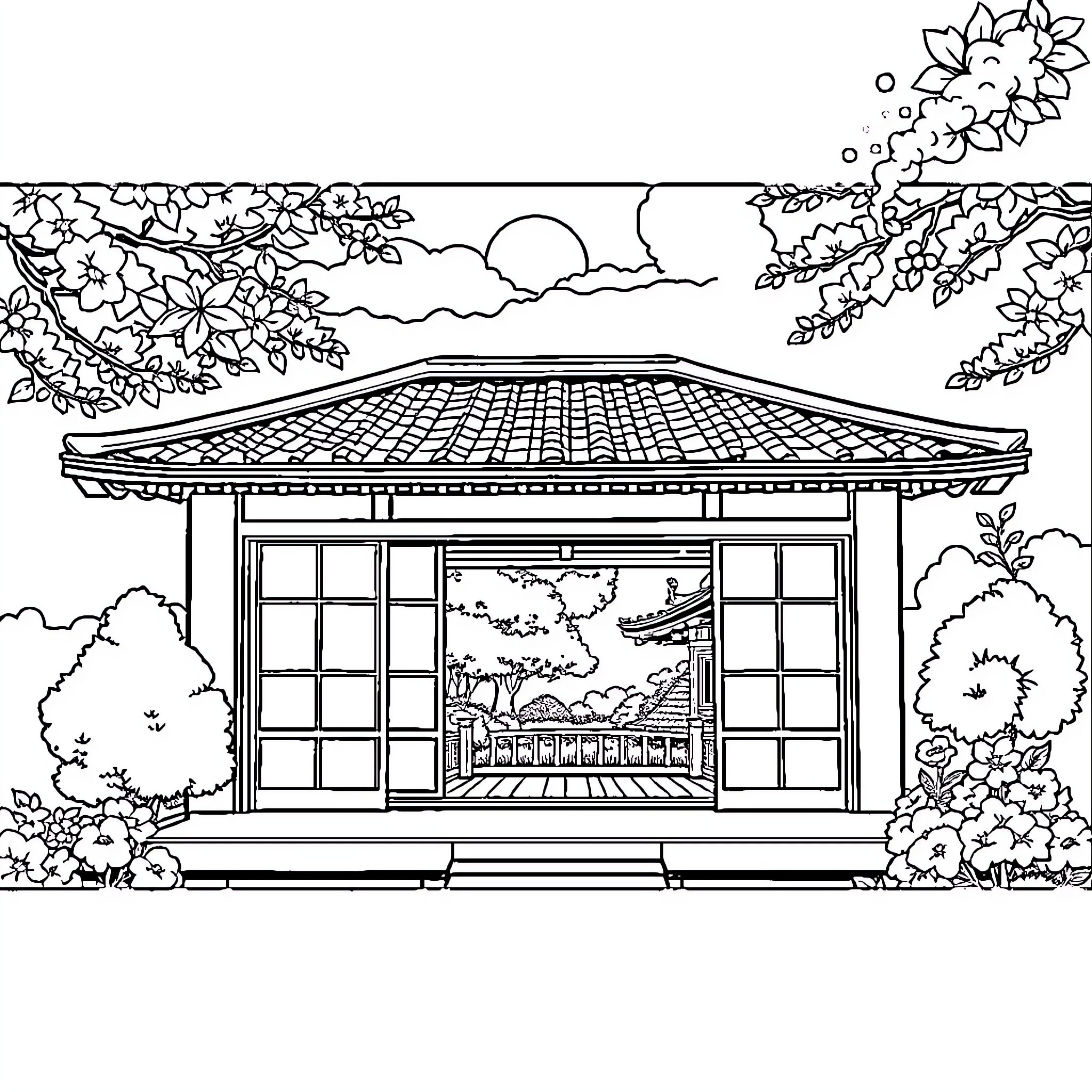 House with traditional Japanese architecture in scenic landscape Coloring Page (free black-and-white line drawing printable PDF for all, from beginners to advanced learners, including children, teens, adults, and seniors)