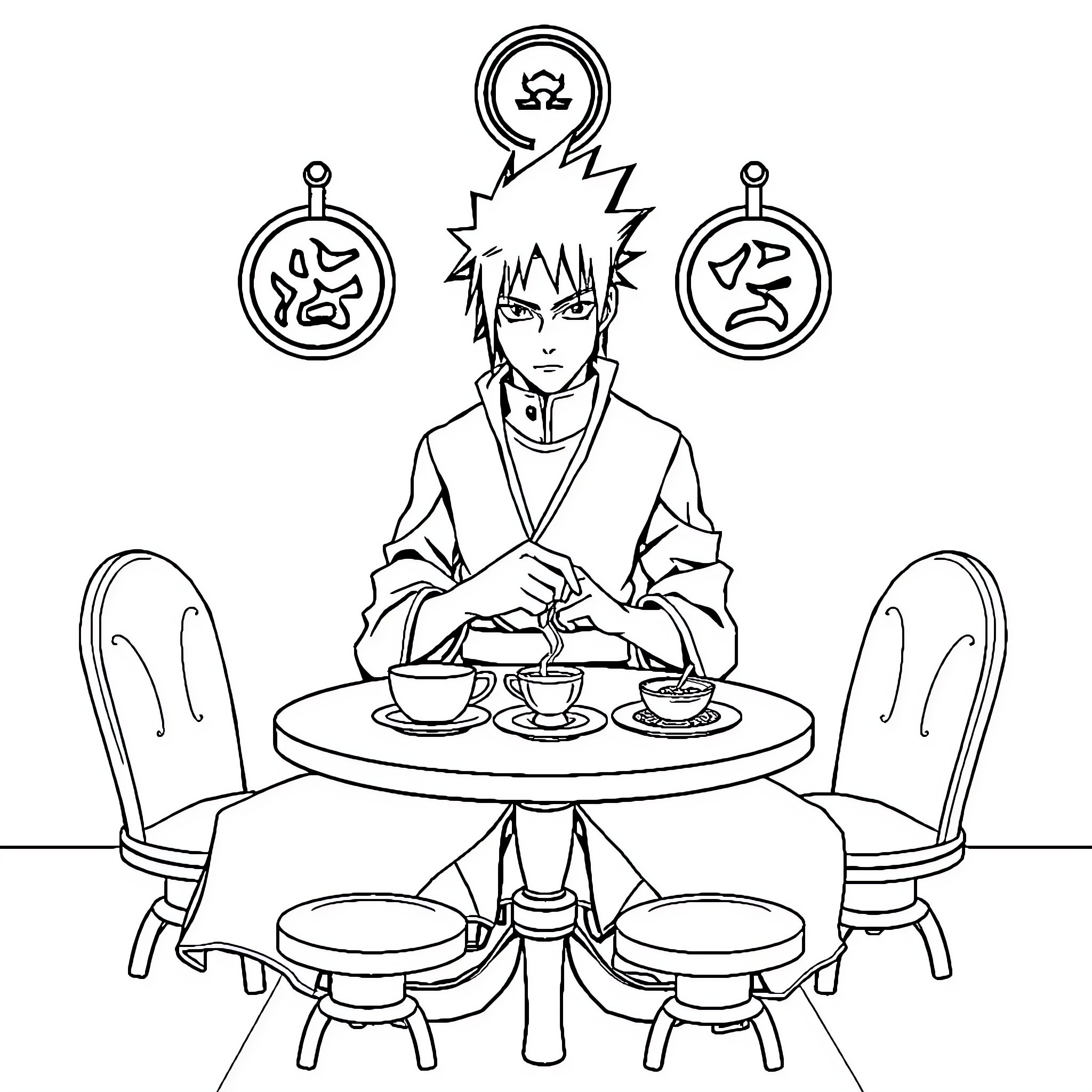 Sasuke's Contemplative Dining Experience Coloring Page (free black-and-white line drawing printable PDF for all, from beginners to advanced learners, including children, teens, adults, and seniors)