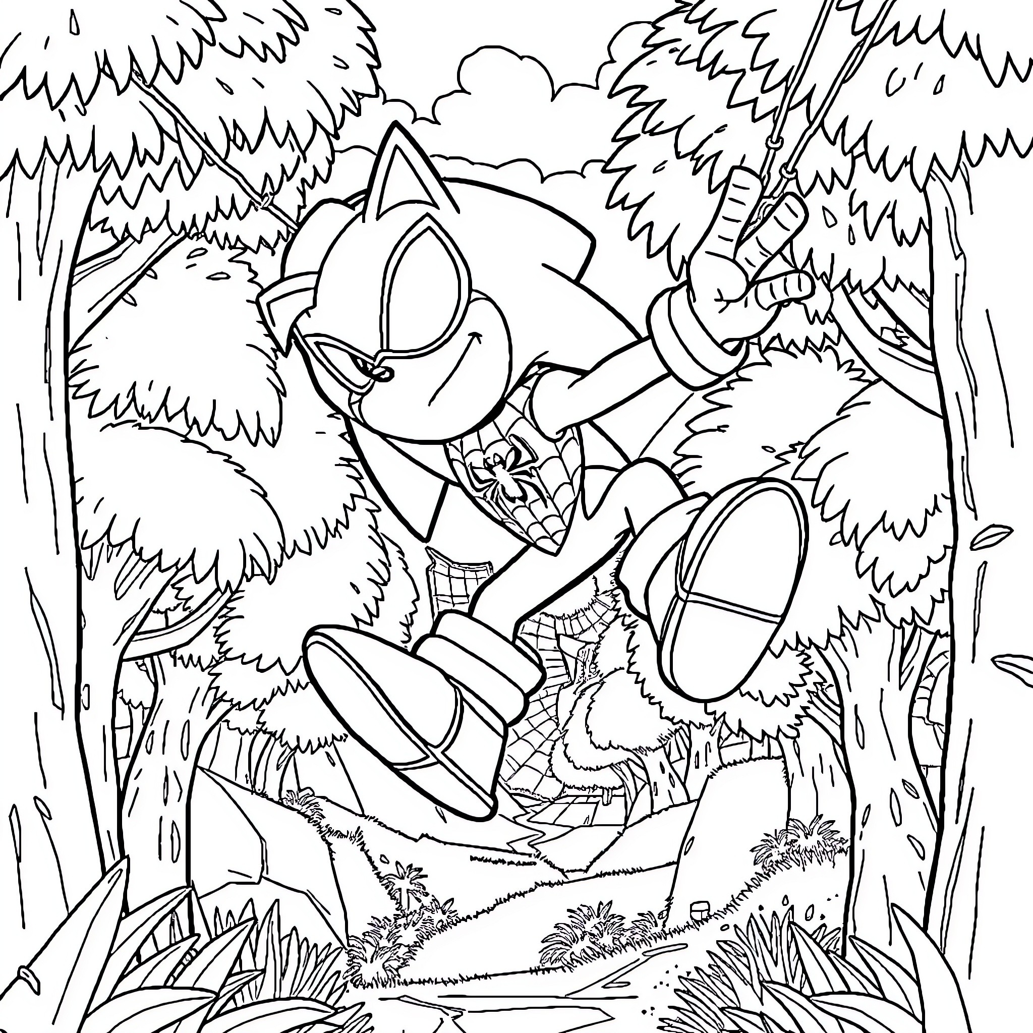 Sonic the Hedgehog exploring the forest landscape Coloring Page (free black-and-white line drawing printable PDF for all, from beginners to advanced learners, including children, teens, adults, and seniors)