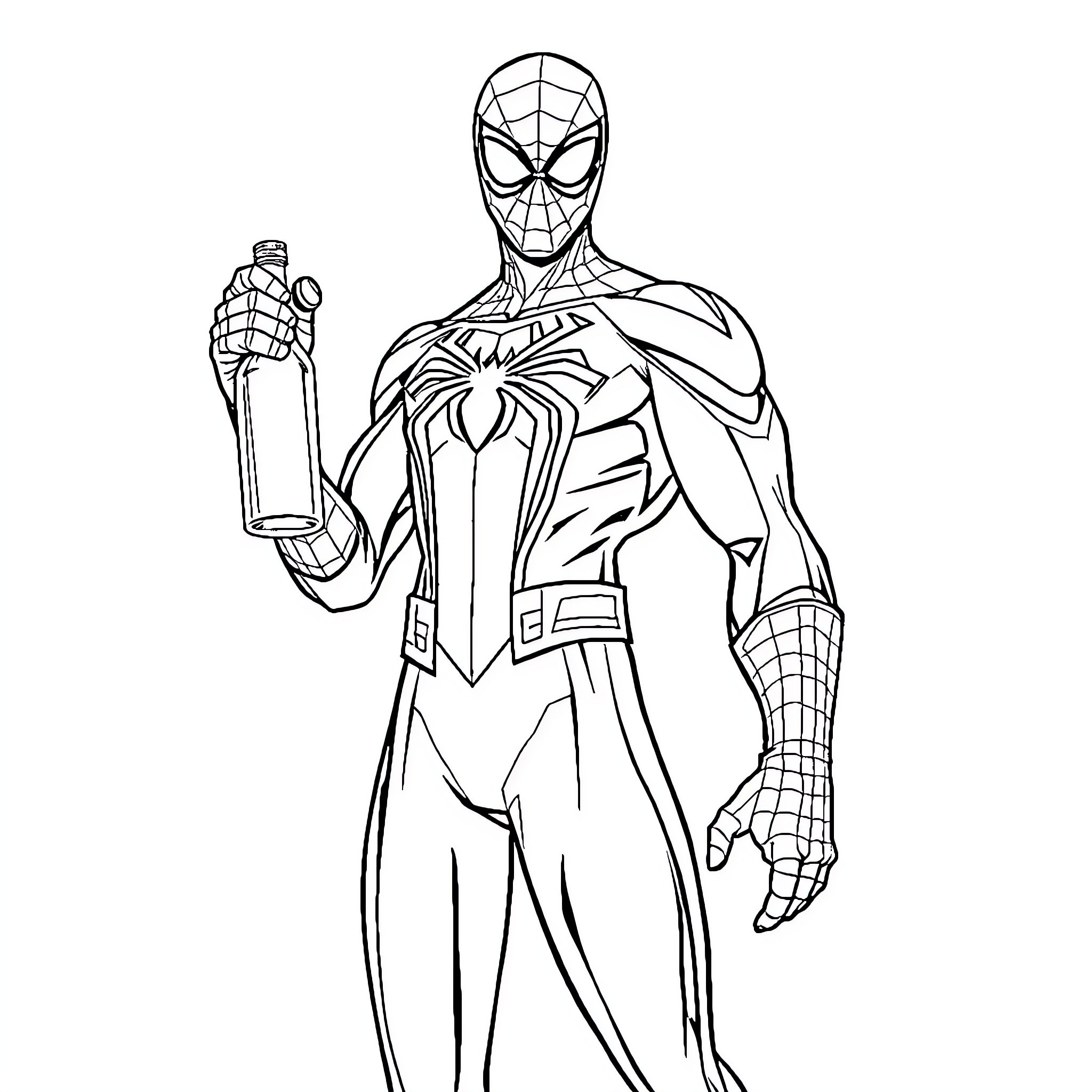 Spiderman in heroic pose with web shooter Coloring Page (free black-and-white line drawing printable PDF for all, from beginners to advanced learners, including children, teens, adults, and seniors)