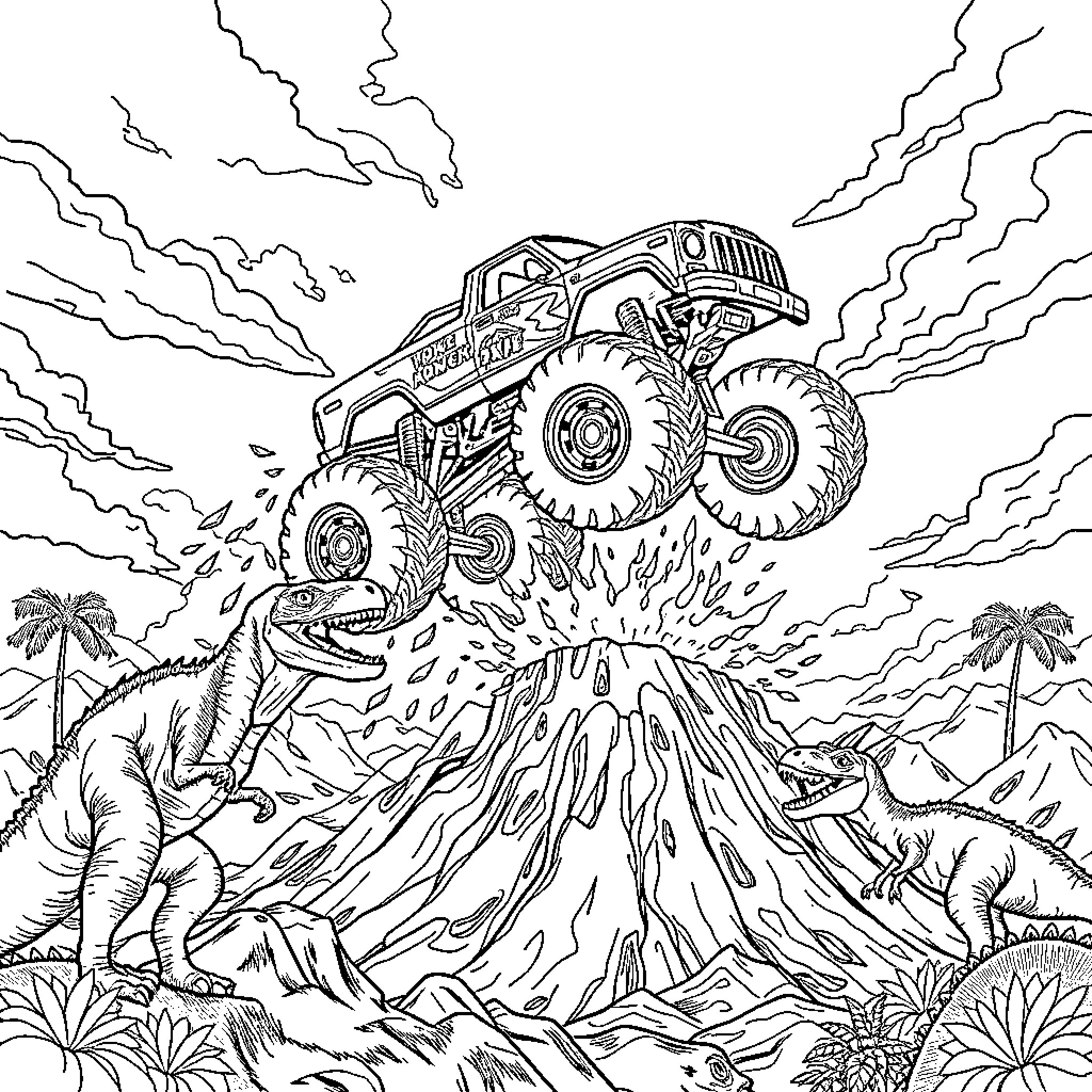 Monster Truck Soaring Over Volcanic Landscape Coloring Page (free black-and-white line drawing printable PDF for all, from beginners to advanced learners, including children, teens, adults, and seniors)