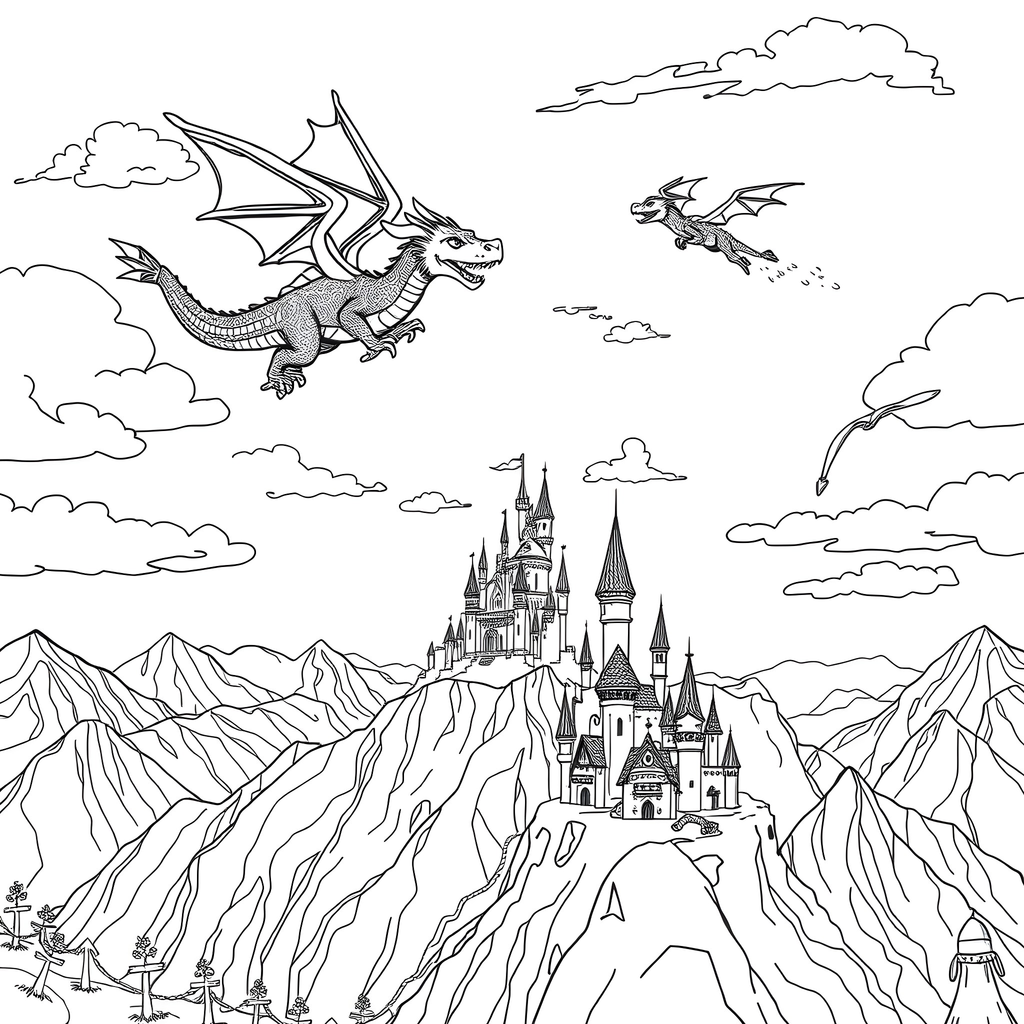 Dragons soaring above a fantasy castle in the mountains Coloring Page (free black-and-white line drawing printable PDF for all, from beginners to advanced learners, including children, teens, adults, and seniors)