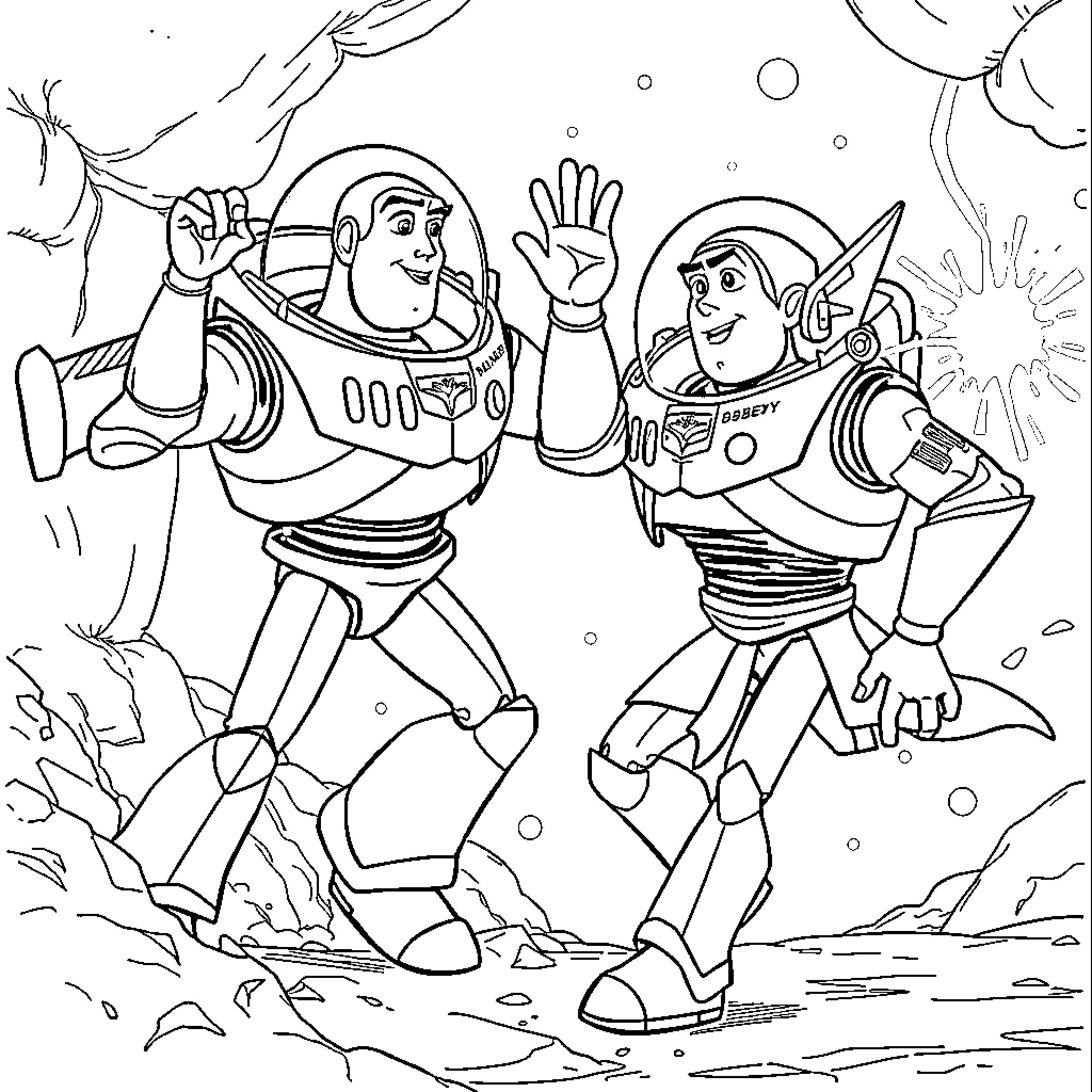 Buzz Lightyear and Woody enjoying space adventure Coloring Page (free black-and-white line drawing printable PDF for all, from beginners to advanced learners, including children, teens, adults, and seniors)