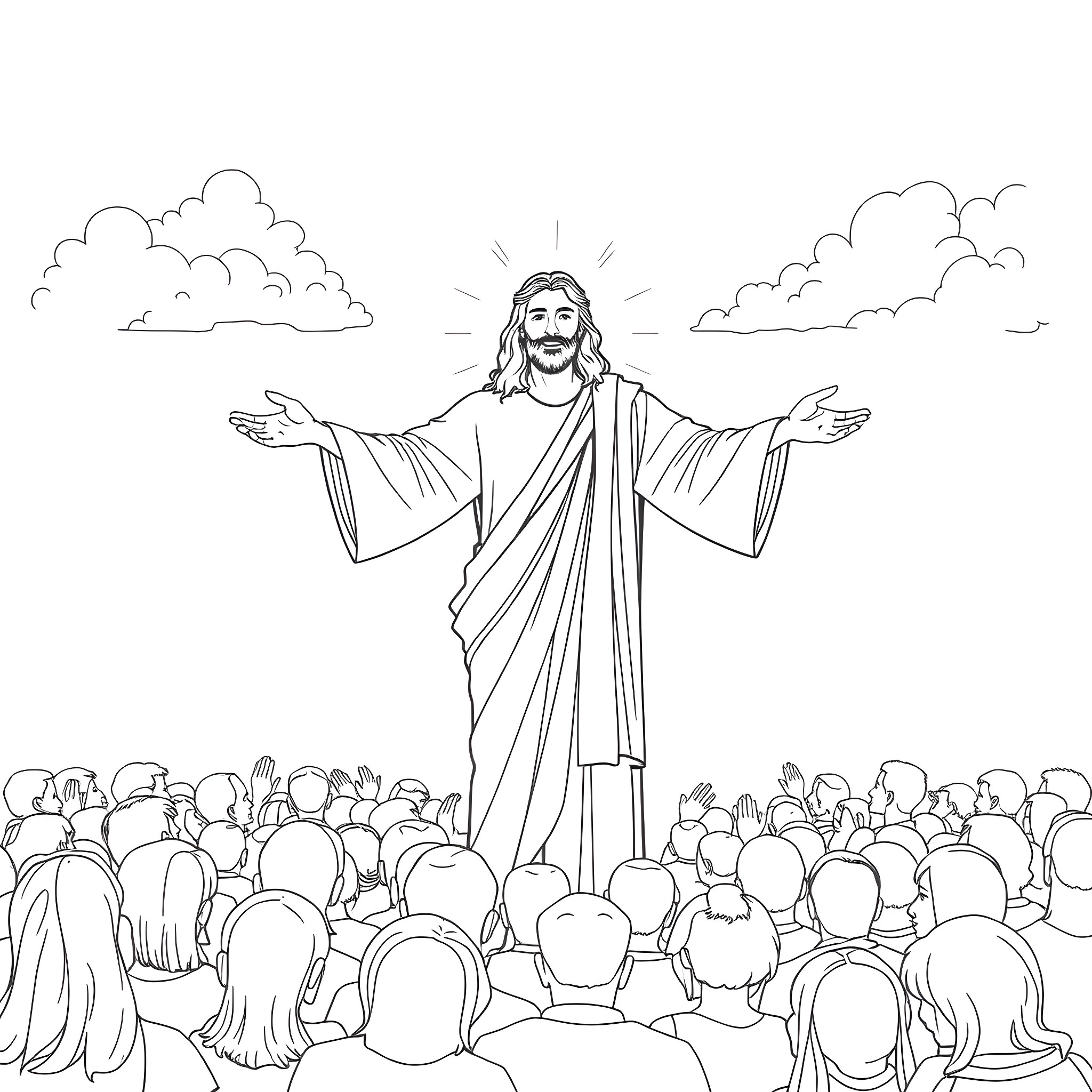 Jesus preaching to the crowd with open arms Coloring Page (free black-and-white line drawing printable PDF for all, from beginners to advanced learners, including children, teens, adults, and seniors)