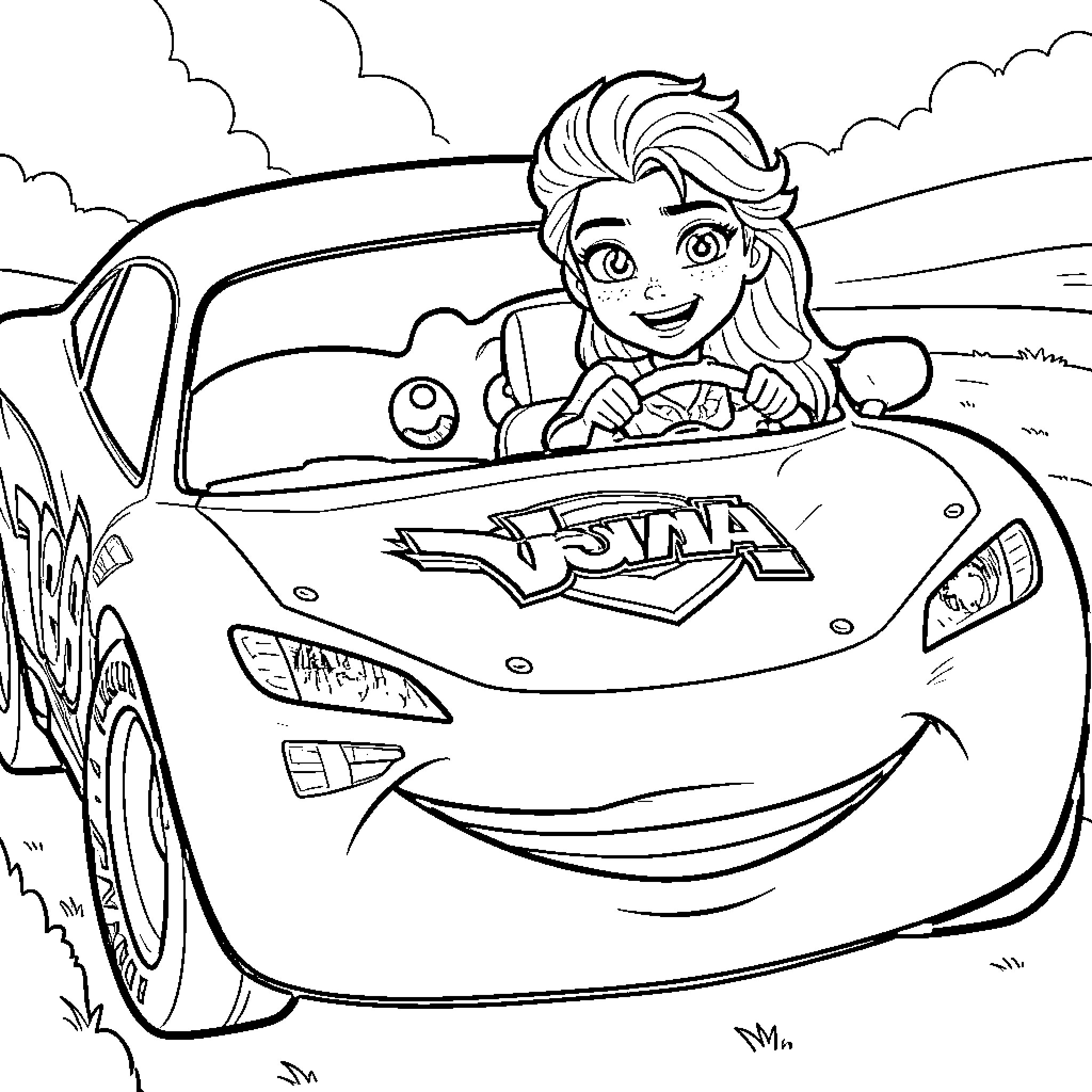 Elsa driving a race car with a joyful expression Coloring Page (free black-and-white line drawing printable PDF for all, from beginners to advanced learners, including children, teens, adults, and seniors)