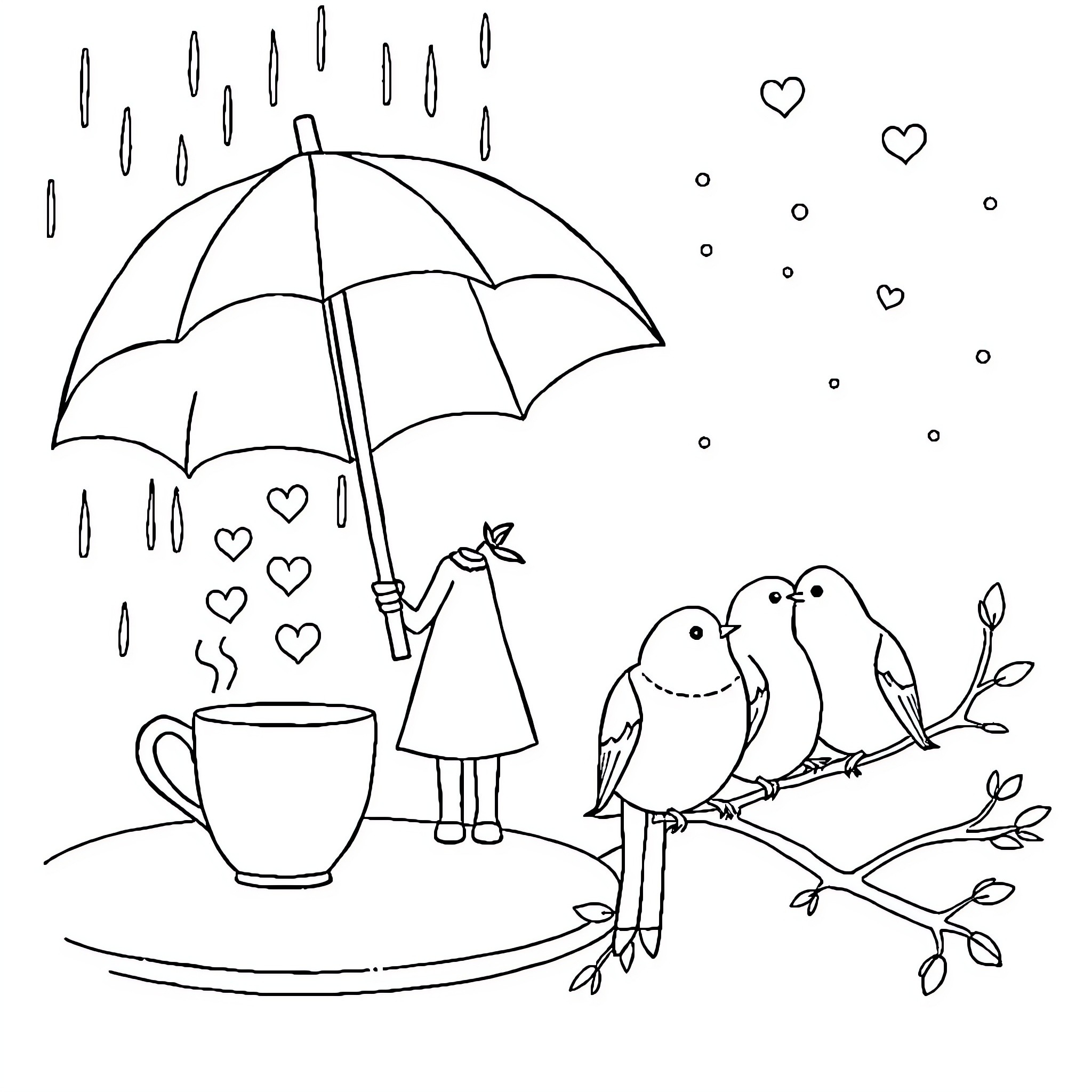 Couple sharing a moment under umbrella on rainy day Coloring Page (free black-and-white line drawing printable PDF for all, from beginners to advanced learners, including children, teens, adults, and seniors)