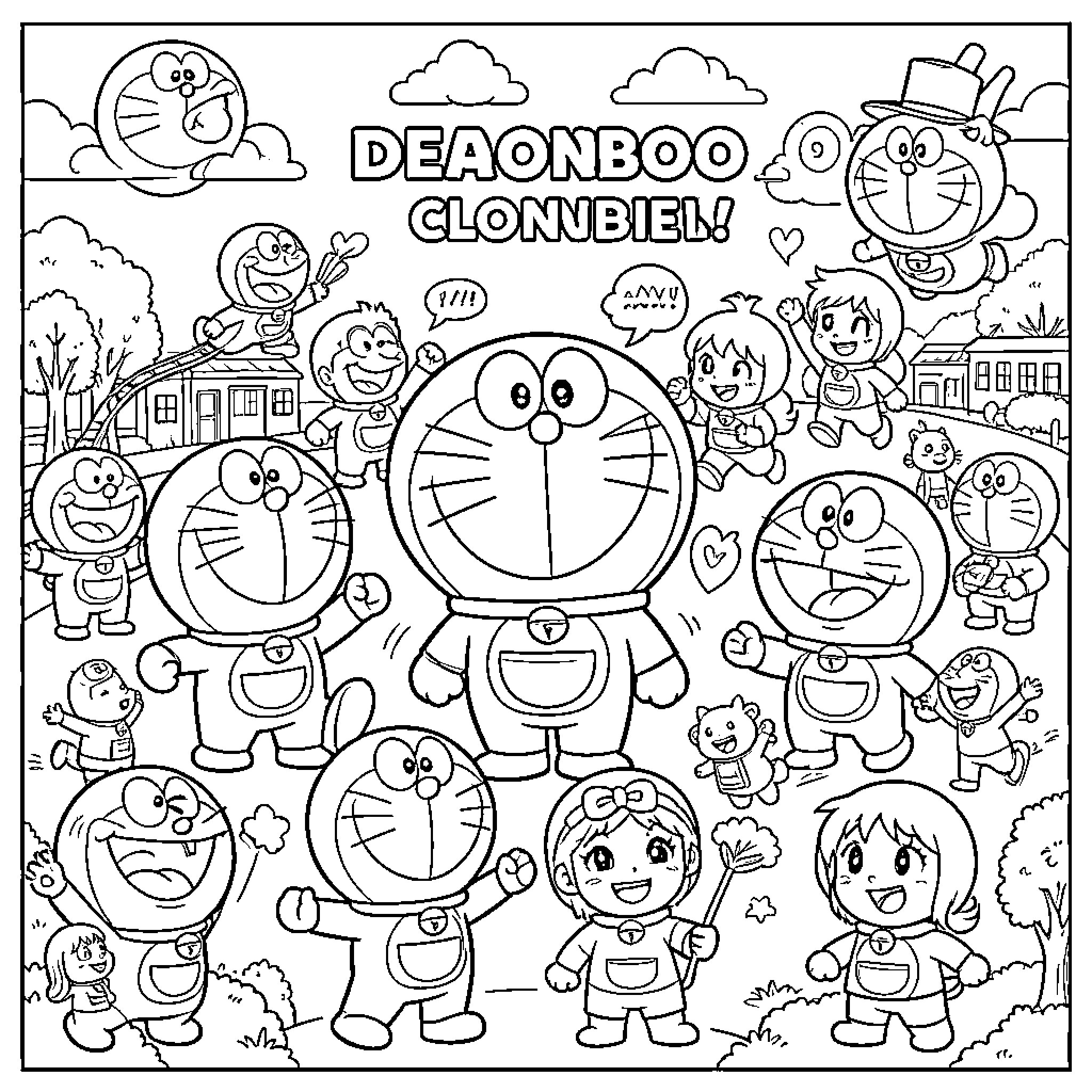 Doraemon and friends in a fun, playful scene Coloring Page (free black-and-white line drawing printable PDF for all, from beginners to advanced learners, including children, teens, adults, and seniors)