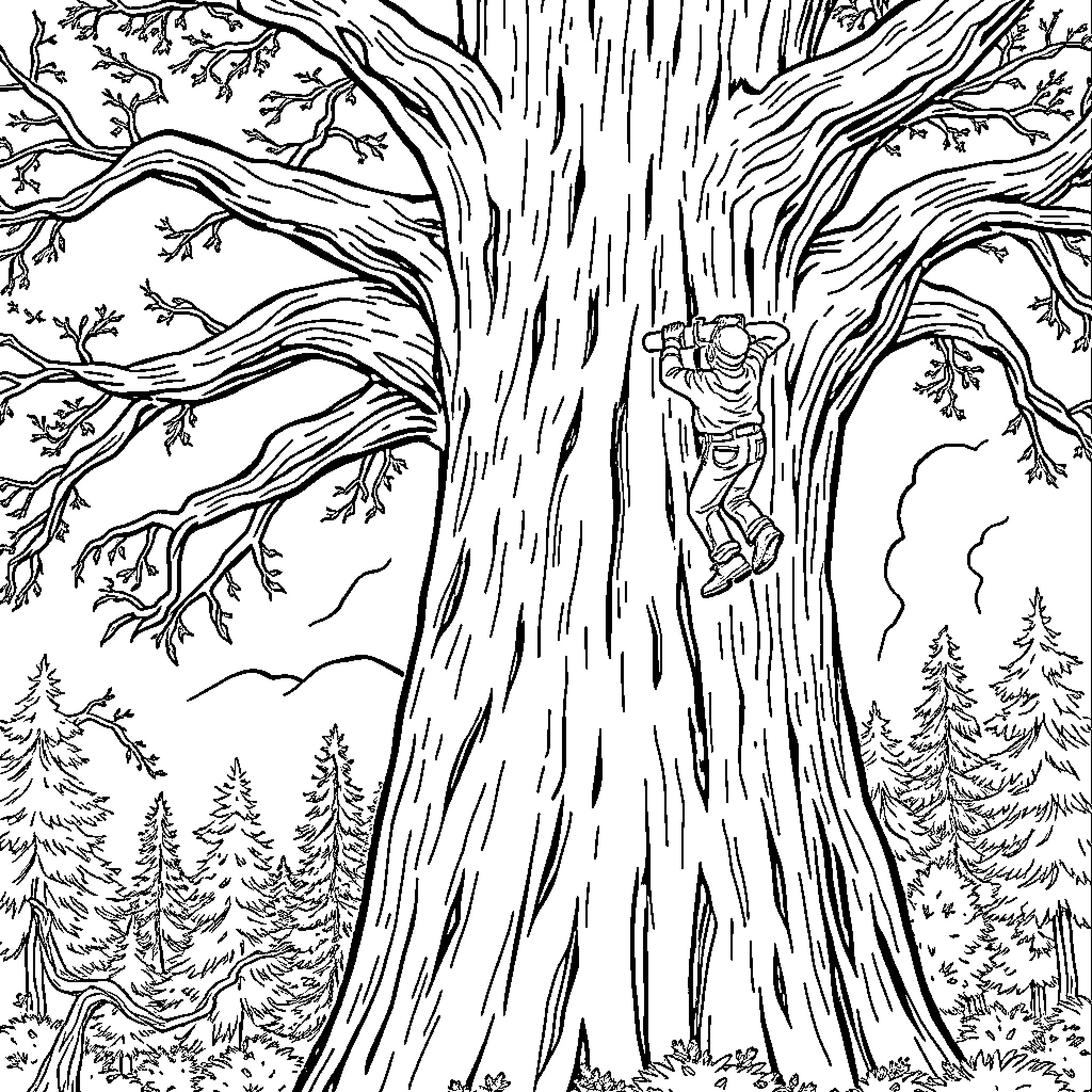 Tree Climber Exploring the Forest Canopy Coloring Page (free black-and-white line drawing printable PDF for all, from beginners to advanced learners, including children, teens, adults, and seniors)