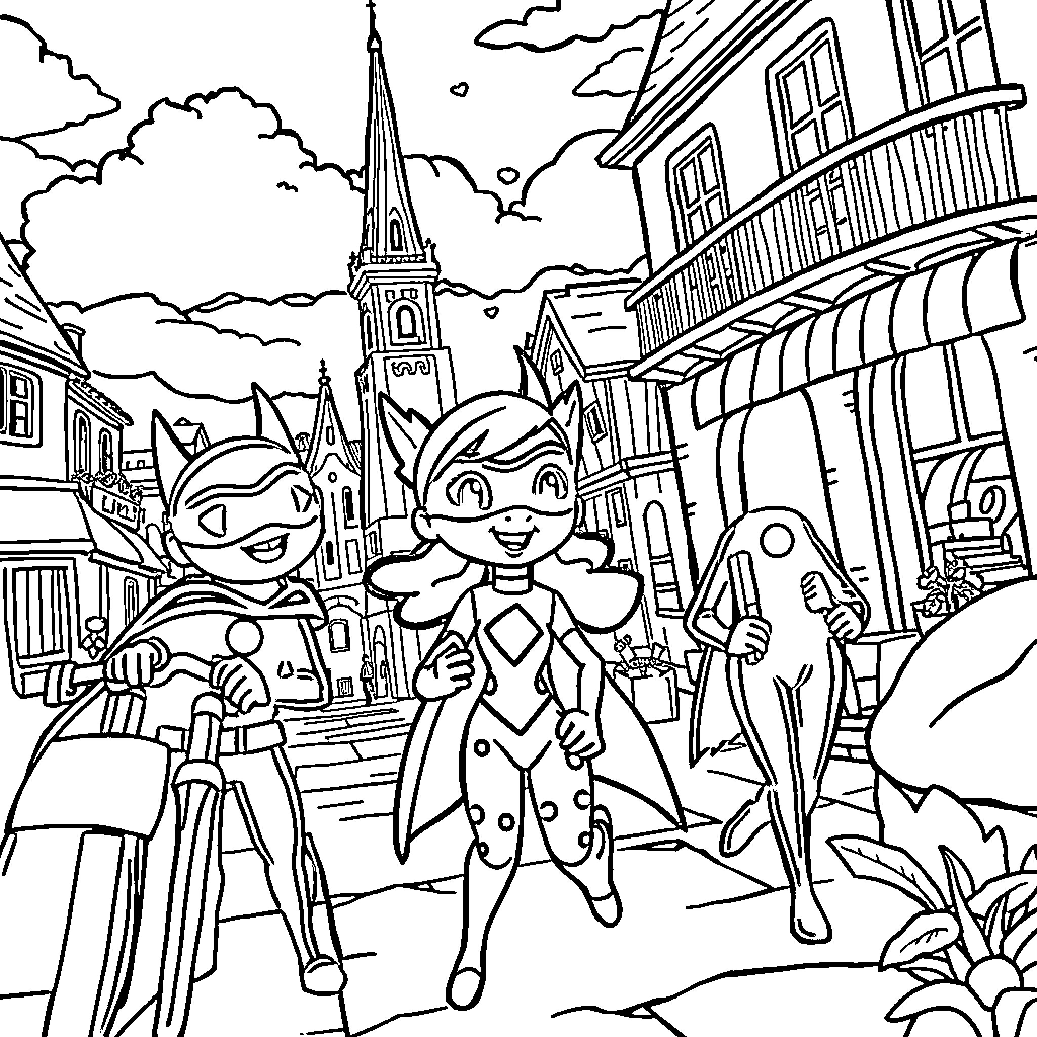 Paw Patrol Characters in an Animated Town Setting Coloring Page (free black-and-white line drawing printable PDF for all, from beginners to advanced learners, including children, teens, adults, and seniors)