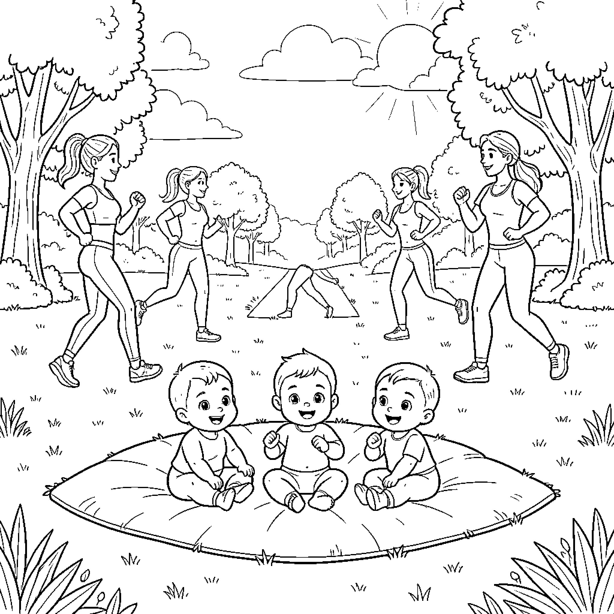 Baby sitting on a mat in a park Coloring Page (free black-and-white line drawing printable PDF for all, from beginners to advanced learners, including children, teens, adults, and seniors)
