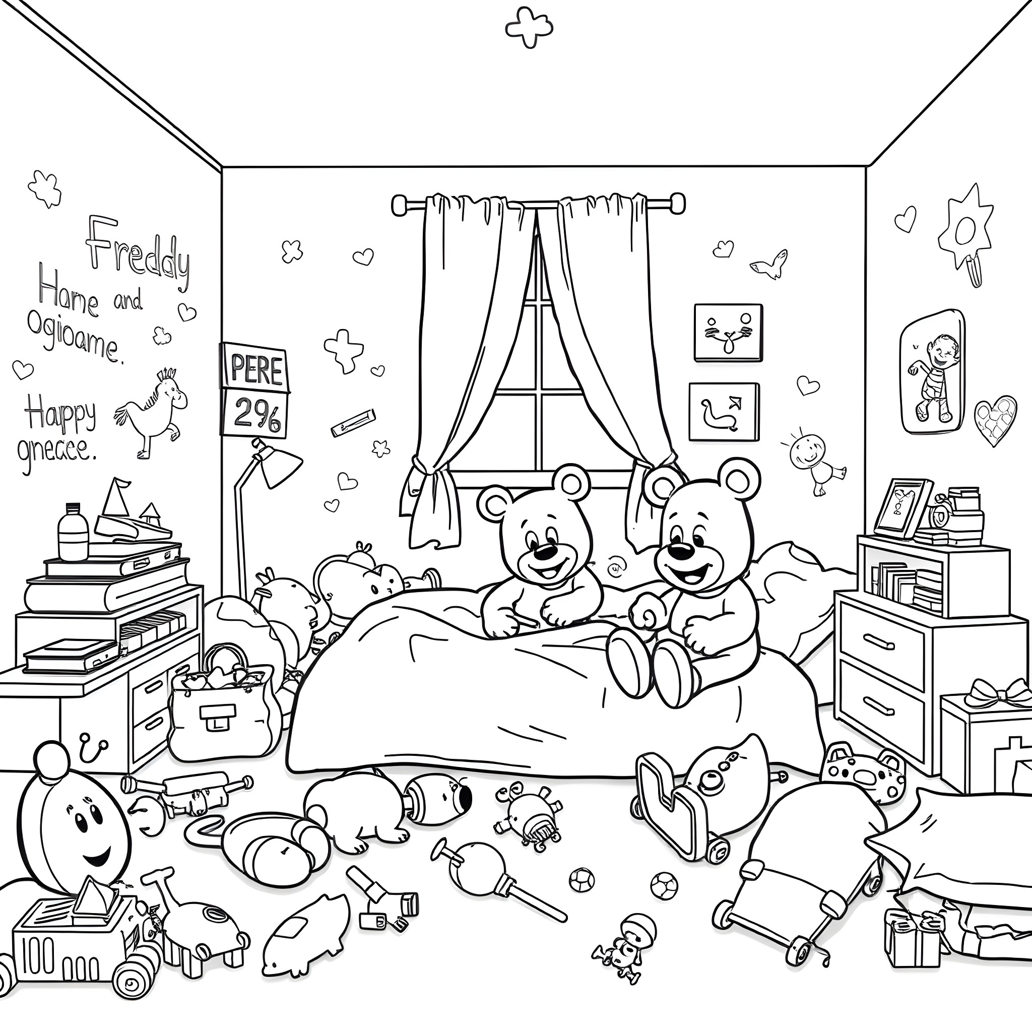 Freddy's Happy and Cozy Bedroom Playtime Coloring Page (free black-and-white line drawing printable PDF for all, from beginners to advanced learners, including children, teens, adults, and seniors)