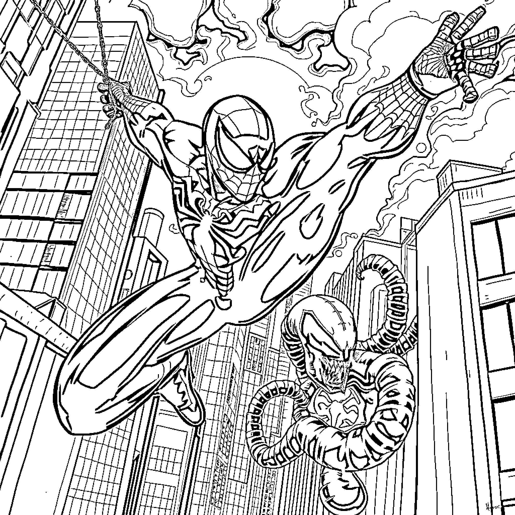 Spiderman swinging through the city against alien threat Coloring Page (free black-and-white line drawing printable PDF for all, from beginners to advanced learners, including children, teens, adults, and seniors)