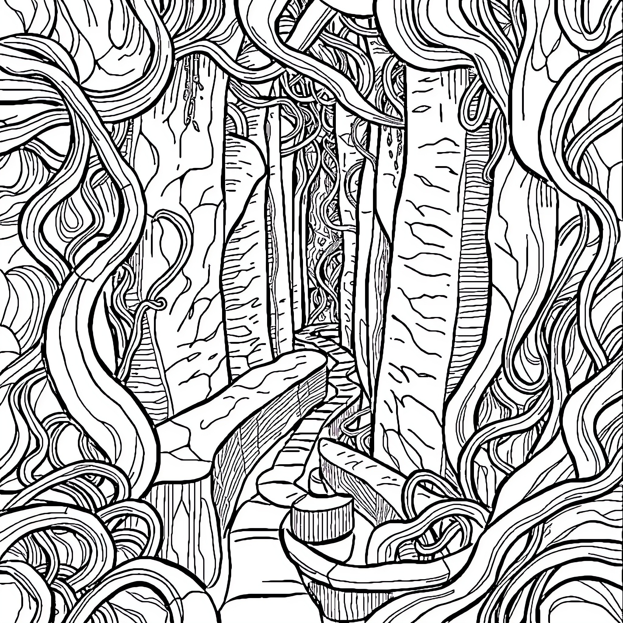 Pipe Dreams in the Enchanted Forest Coloring Page (free black-and-white line drawing printable PDF for all, from beginners to advanced learners, including children, teens, adults, and seniors)