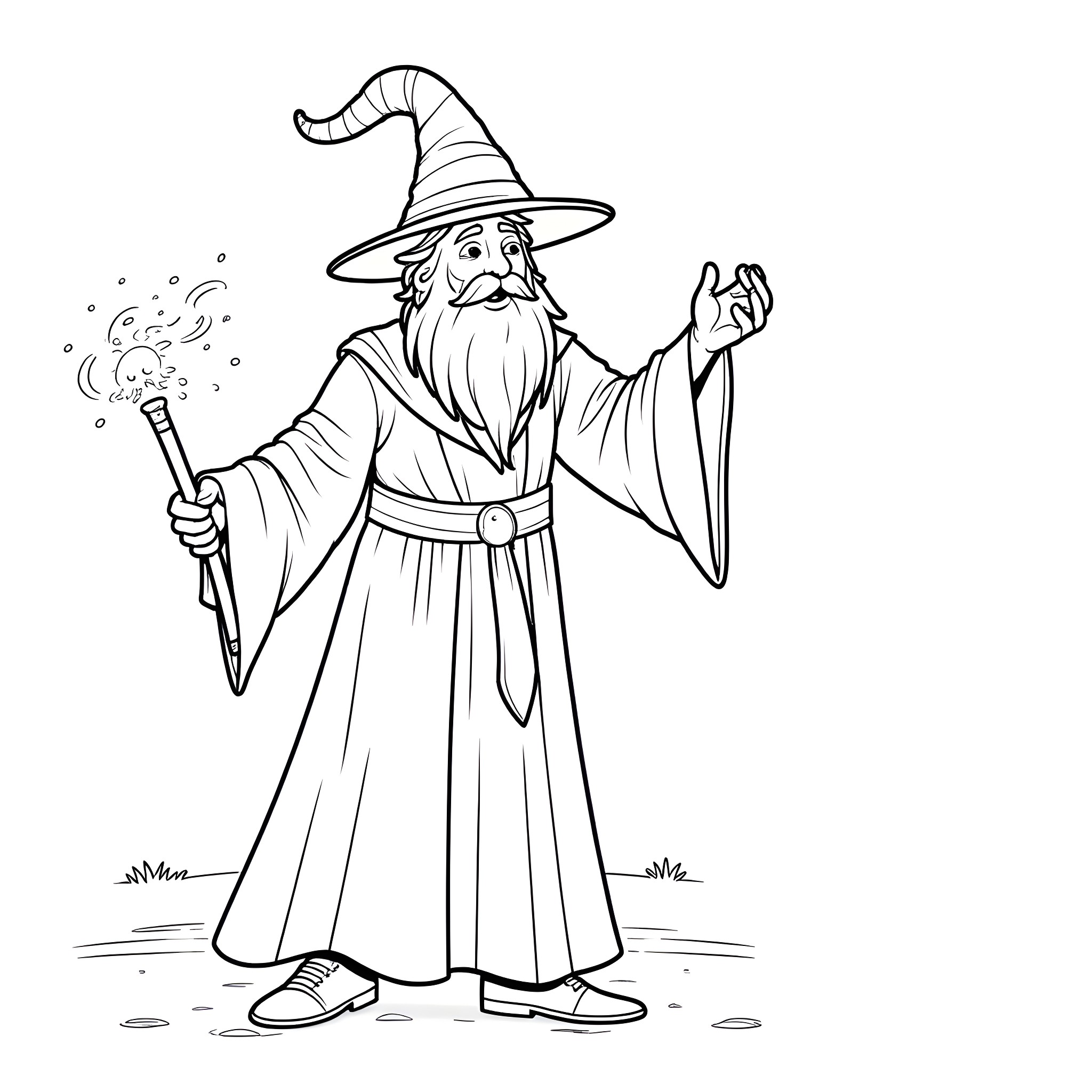 Fizzban the Wizard Casting a Spell Coloring Page (free black-and-white line drawing printable PDF for all, from beginners to advanced learners, including children, teens, adults, and seniors)