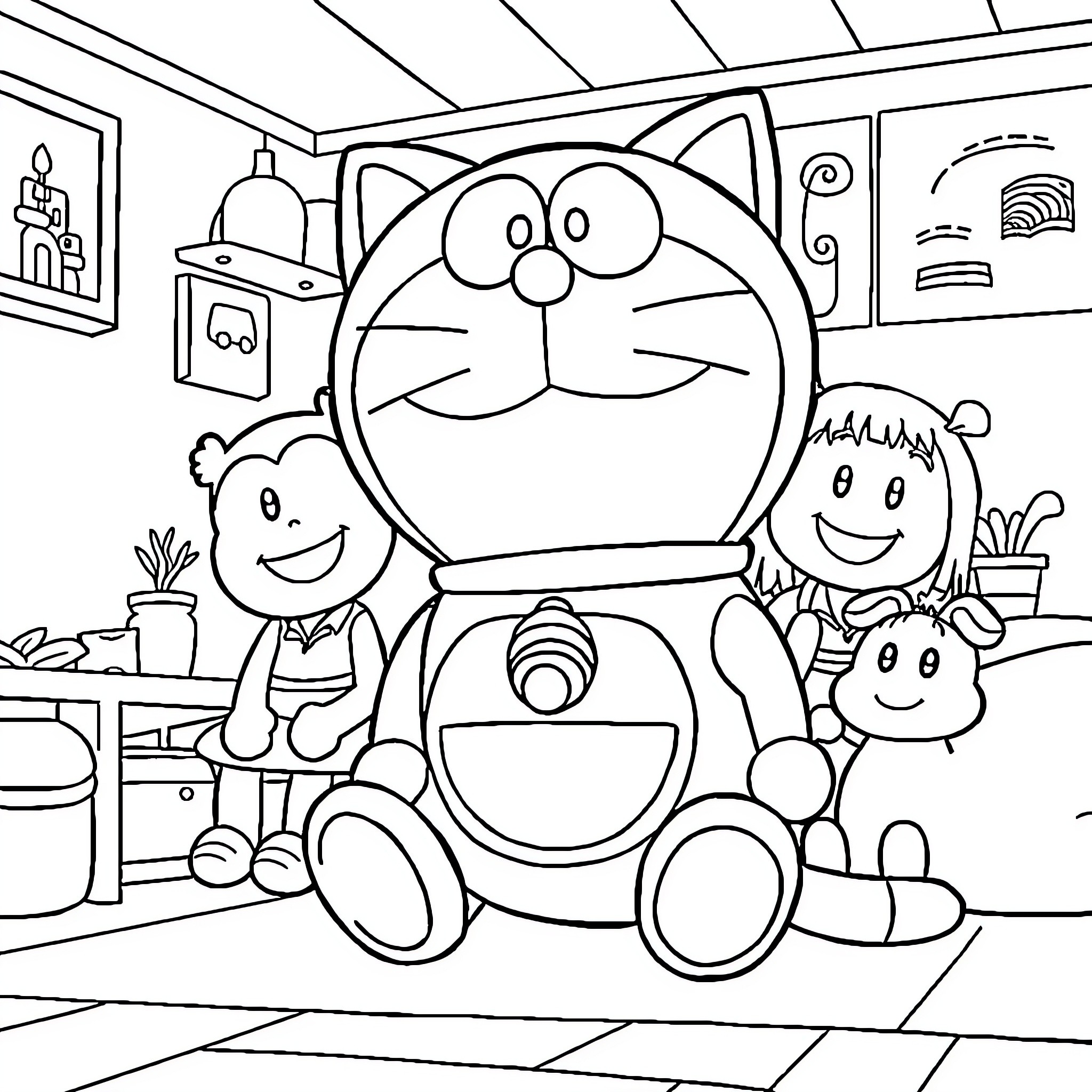 Doraemon and Friends Enjoying a Cozy Day at Home Coloring Page (free black-and-white line drawing printable PDF for all, from beginners to advanced learners, including children, teens, adults, and seniors)