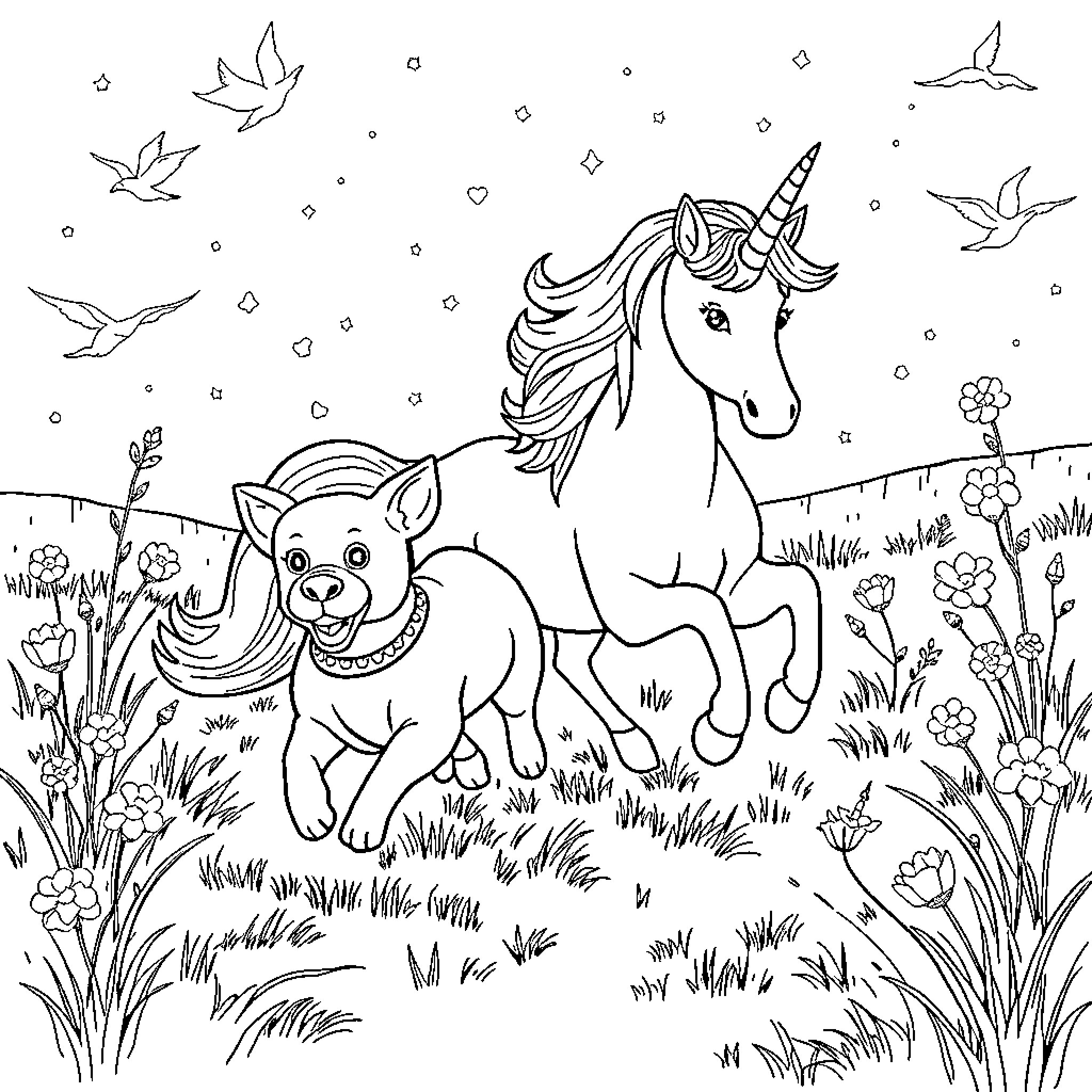 Dog and Unicorn in a Magical Meadow Coloring Page (free black-and-white line drawing printable PDF for all, from beginners to advanced learners, including children, teens, adults, and seniors)