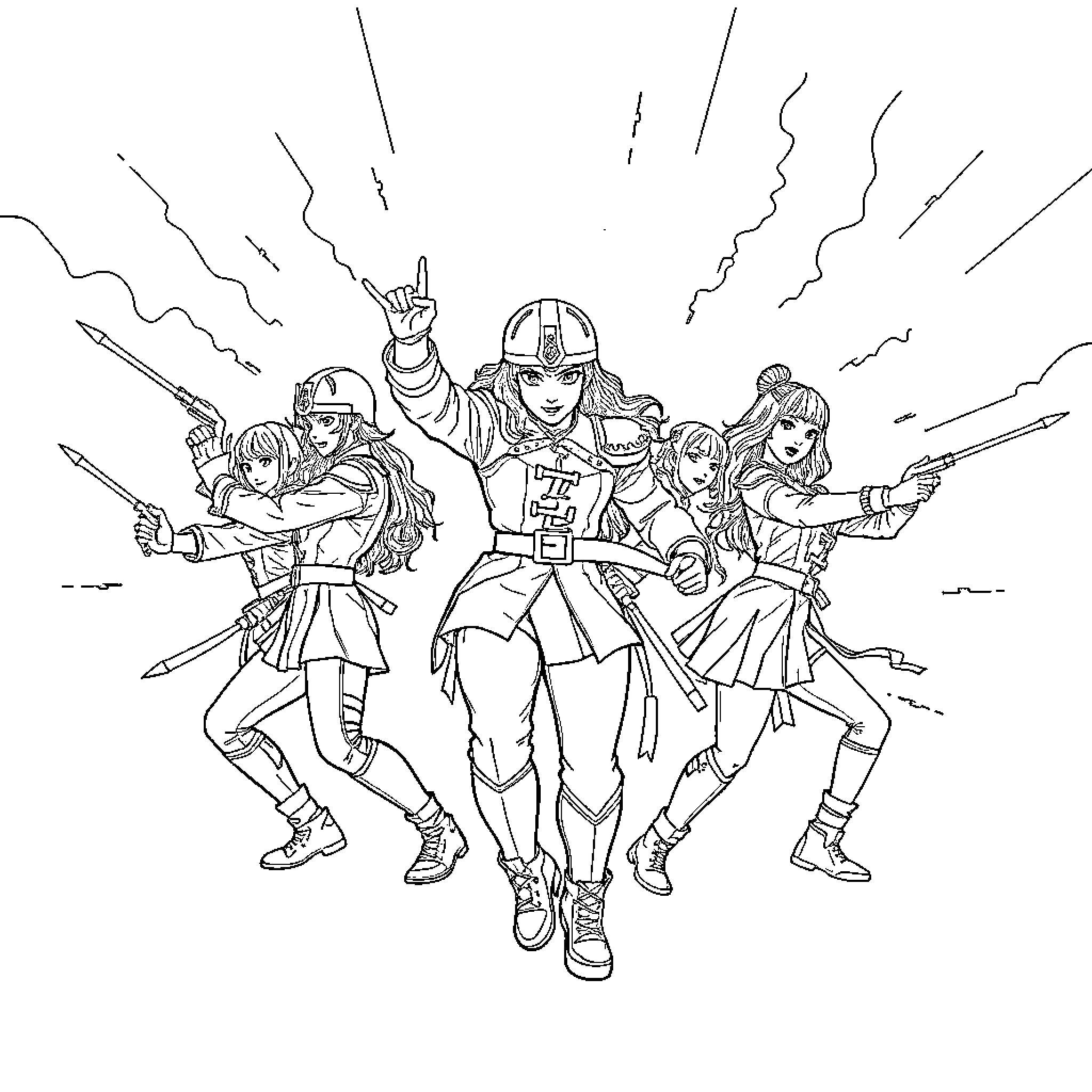 Kpop Performers Striking Dynamic Poses Coloring Page (free black-and-white line drawing printable PDF for all, from beginners to advanced learners, including children, teens, adults, and seniors)