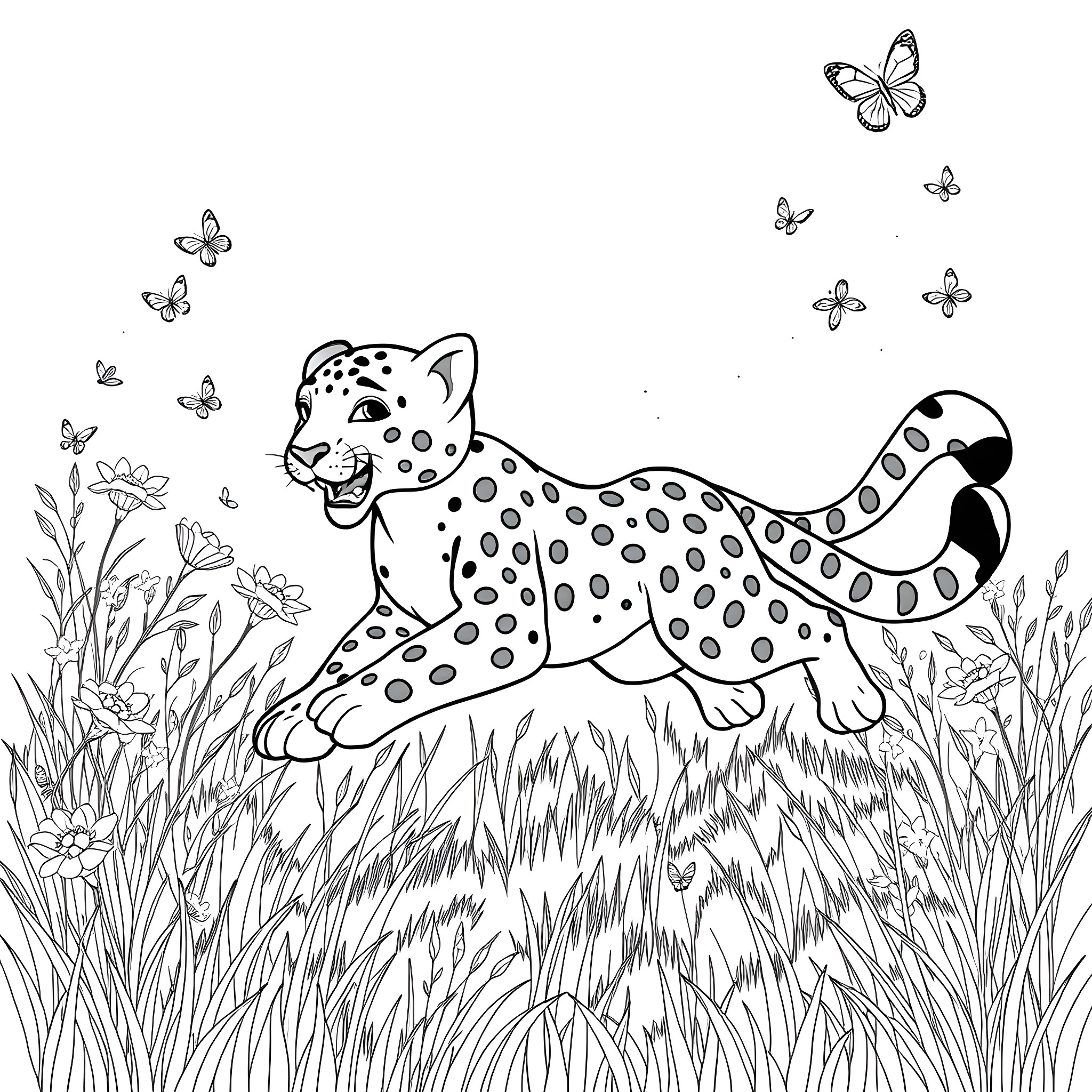 Snow Leopard playing joyfully among butterflies Coloring Page (free black-and-white line drawing printable PDF for all, from beginners to advanced learners, including children, teens, adults, and seniors)