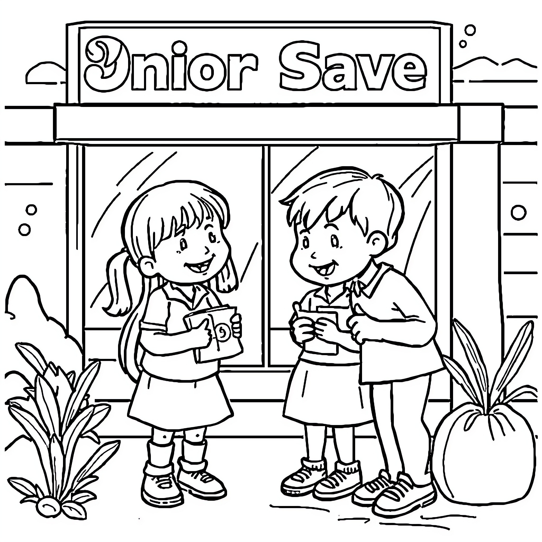 Bank activities for young customers Coloring Page (free black-and-white line drawing printable PDF for all, from beginners to advanced learners, including children, teens, adults, and seniors)