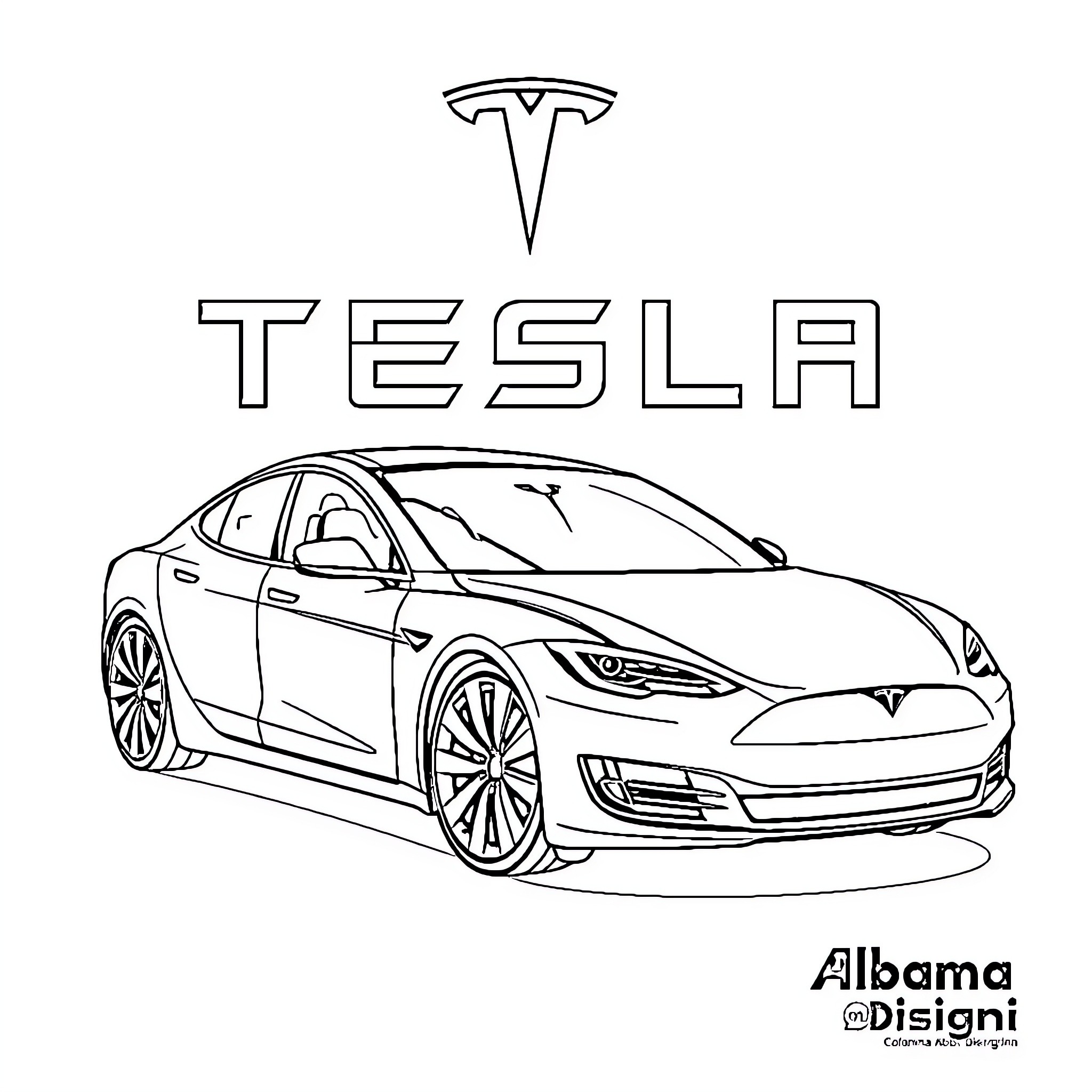 Tesla electric vehicle on display Coloring Page (free black-and-white line drawing printable PDF for all, from beginners to advanced learners, including children, teens, adults, and seniors)