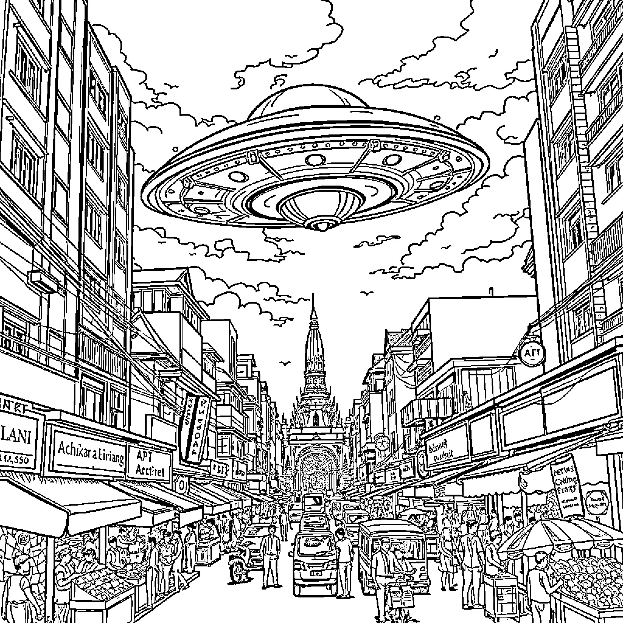 UFO hovering over a bustling city street Coloring Page (free black-and-white line drawing printable PDF for all, from beginners to advanced learners, including children, teens, adults, and seniors)