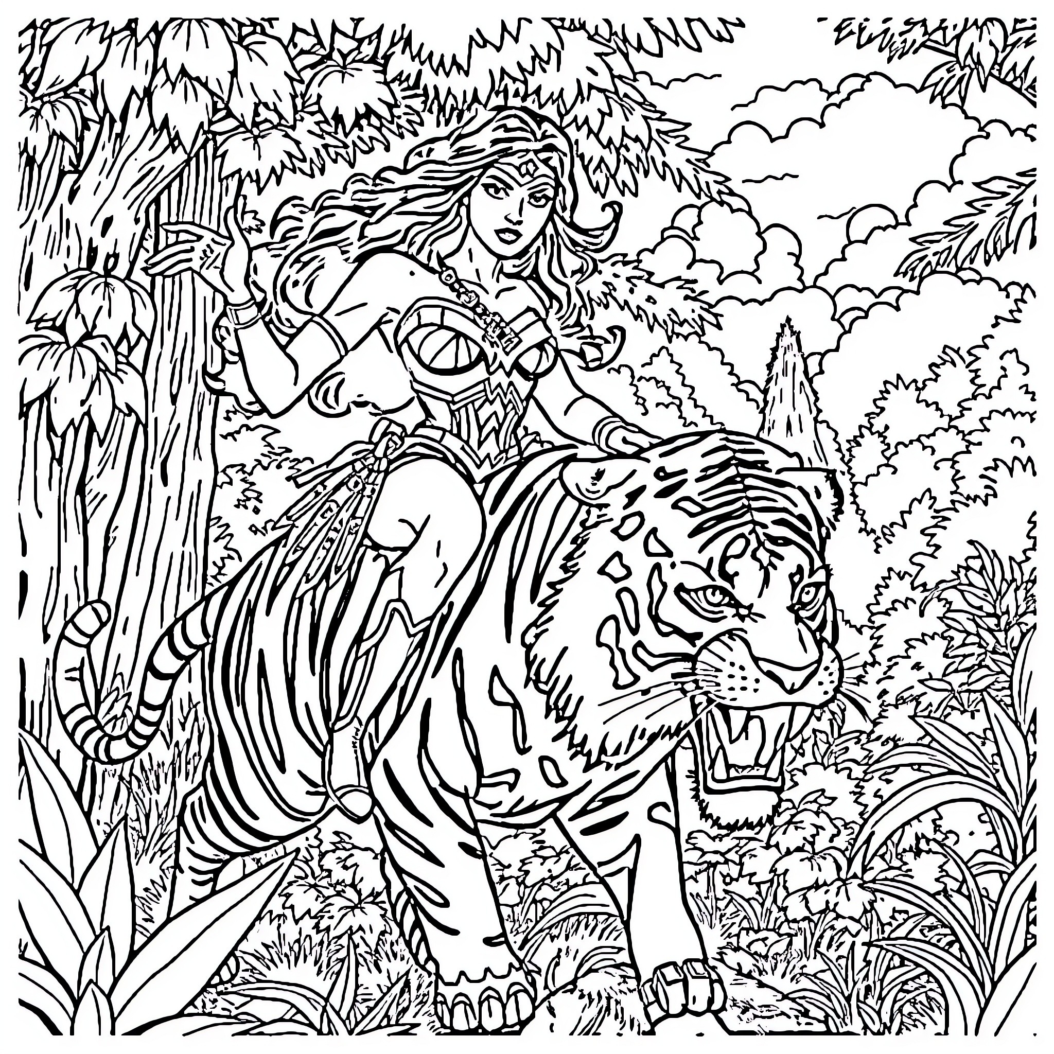 Wonder Woman riding a fierce tiger in the jungle Coloring Page (free black-and-white line drawing printable PDF for all, from beginners to advanced learners, including children, teens, adults, and seniors)