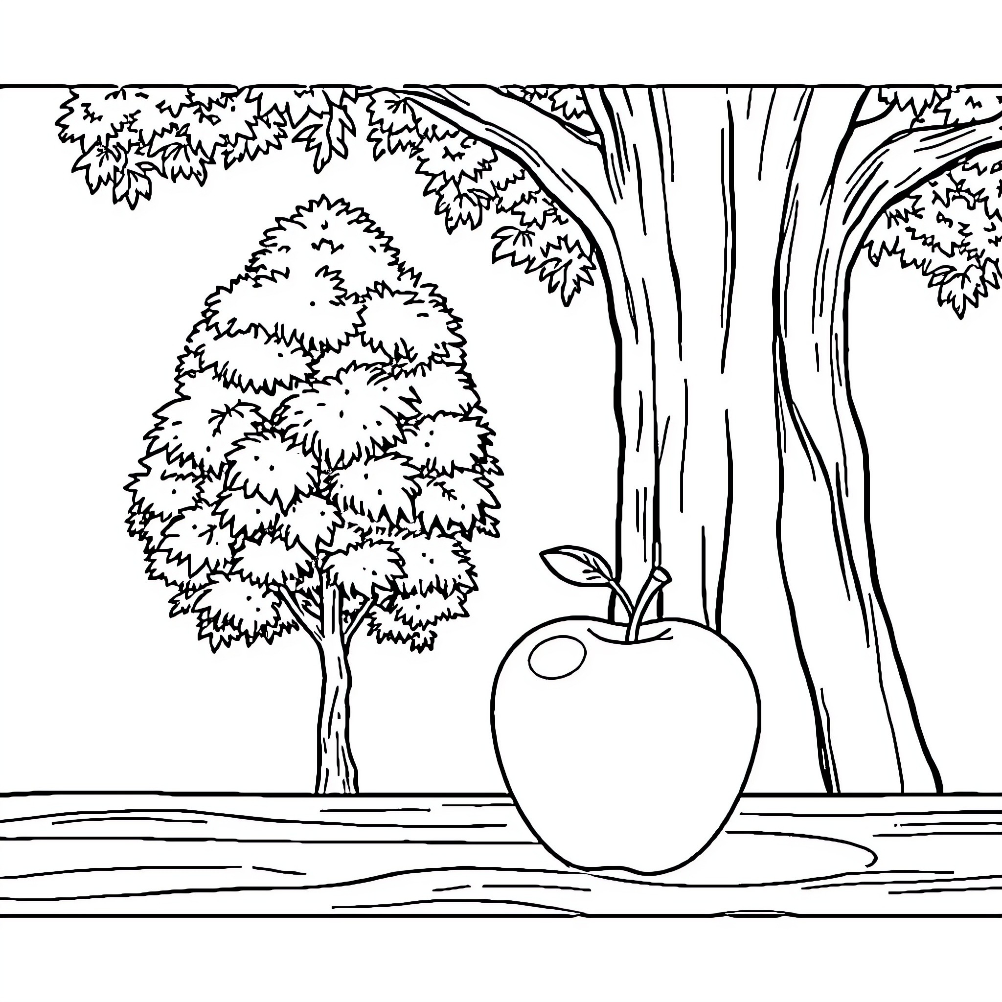 Apple tree and apple in forest landscape Coloring Page (free black-and-white line drawing printable PDF for all, from beginners to advanced learners, including children, teens, adults, and seniors)