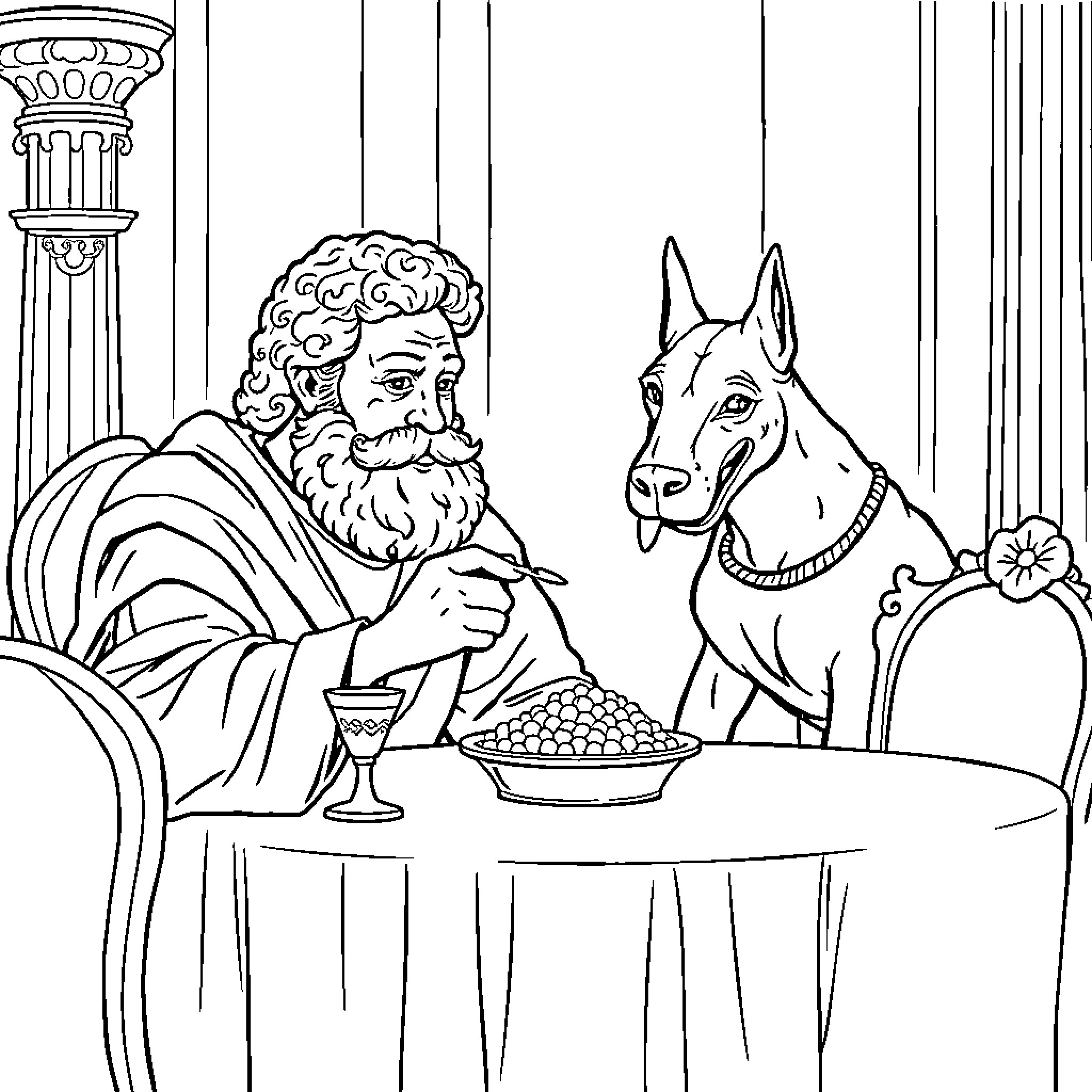 Homer Dining with His Loyal Companion Coloring Page (free black-and-white line drawing printable PDF for all, from beginners to advanced learners, including children, teens, adults, and seniors)