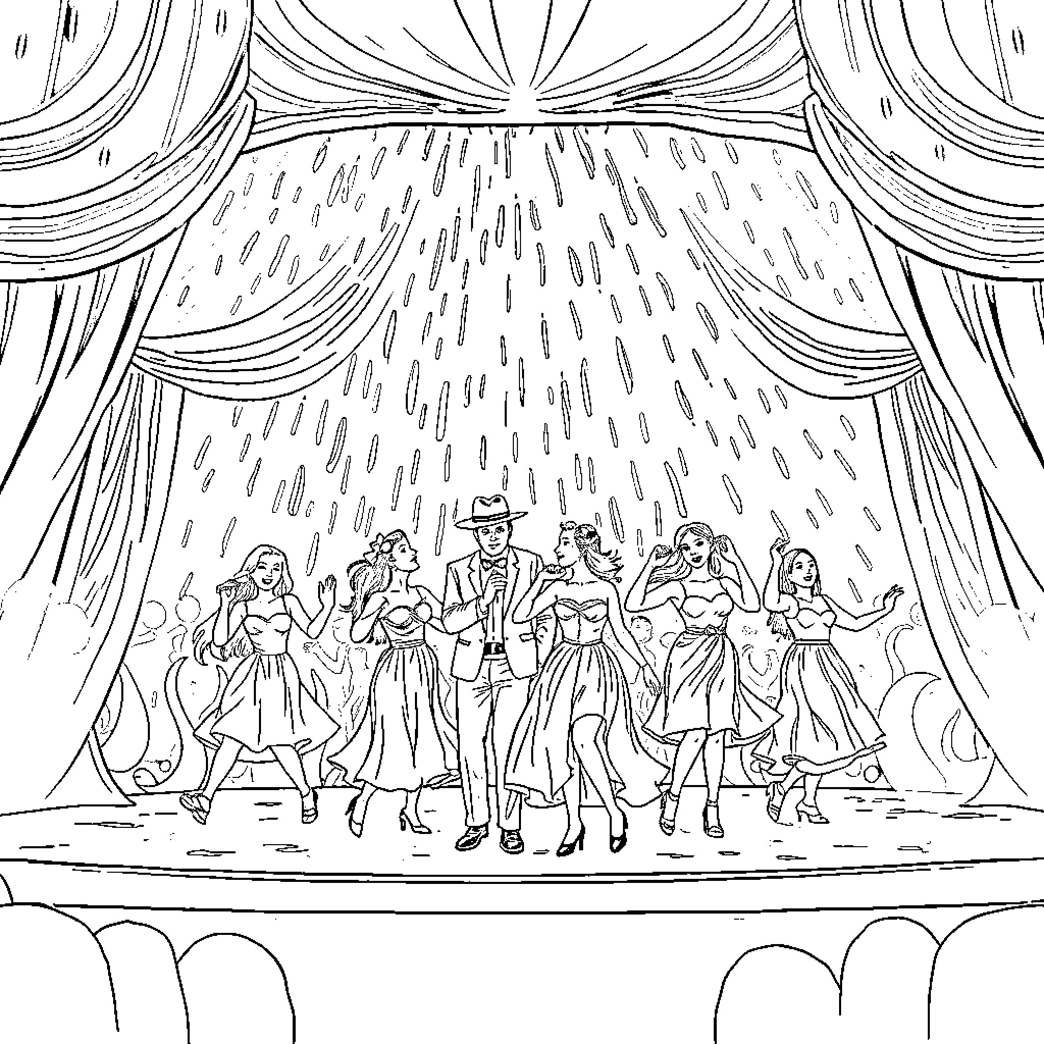 Musical Performance on a Stage Coloring Page (free black-and-white line drawing printable PDF for all, from beginners to advanced learners, including children, teens, adults, and seniors)