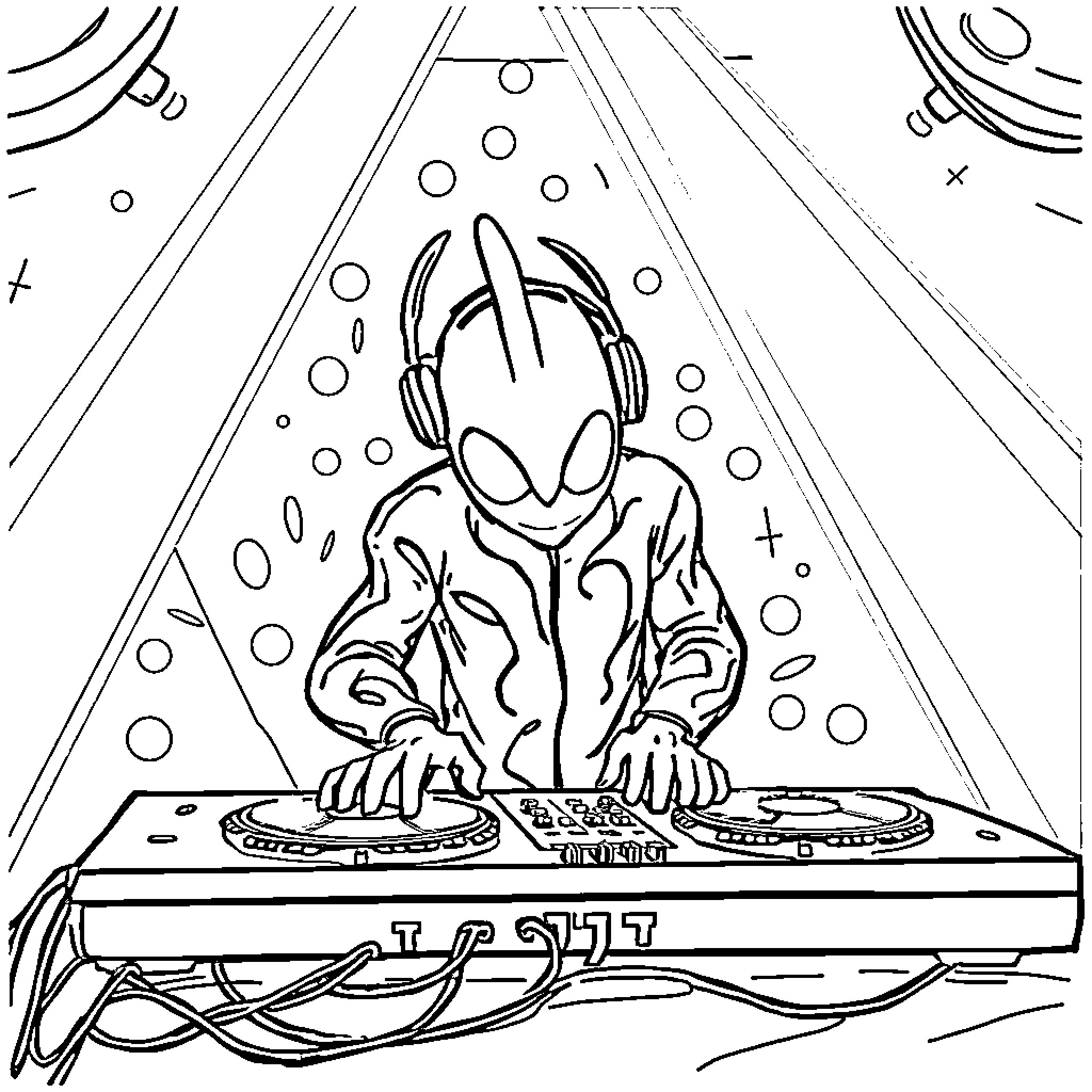 Dj Gizmo mixing beats on turntables Coloring Page (free black-and-white line drawing printable PDF for all, from beginners to advanced learners, including children, teens, adults, and seniors)