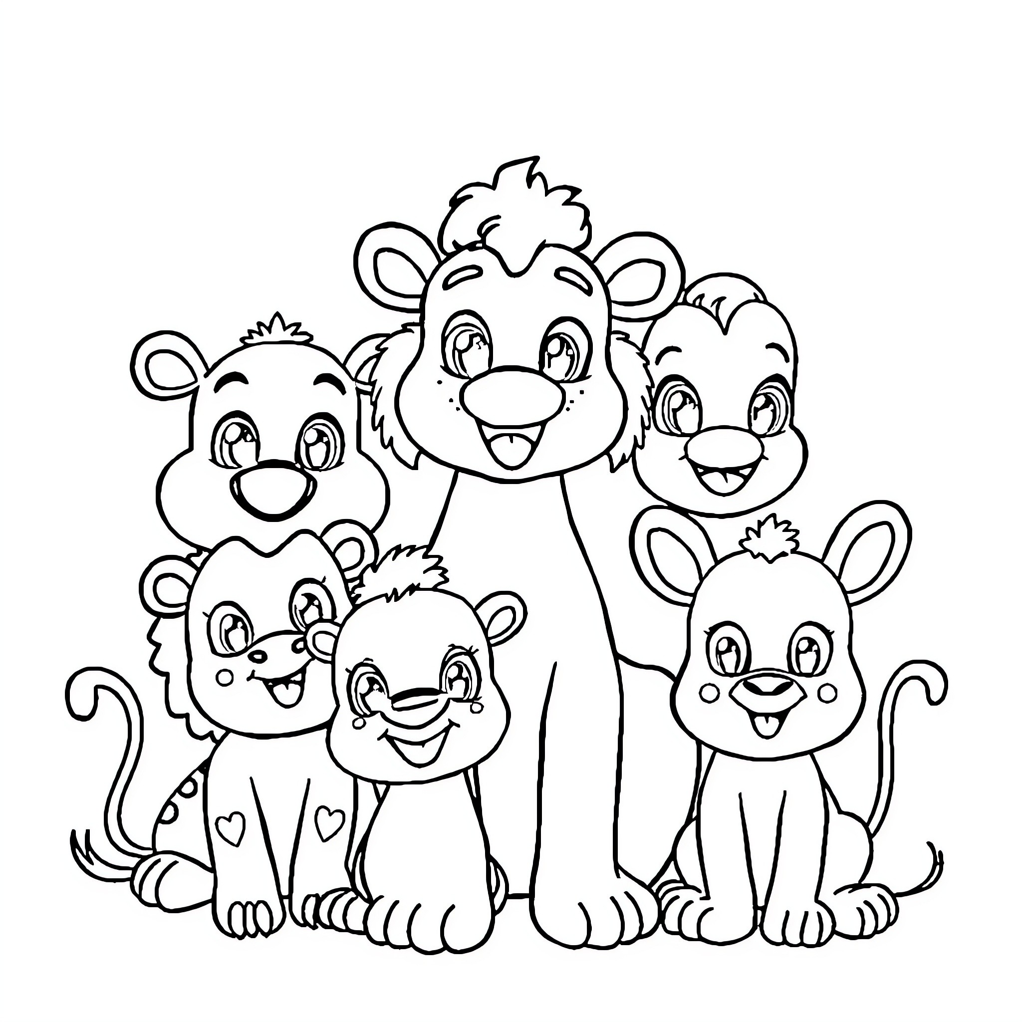 Animal family portrait of adorable cartoon creatures Coloring Page (free black-and-white line drawing printable PDF for all, from beginners to advanced learners, including children, teens, adults, and seniors)