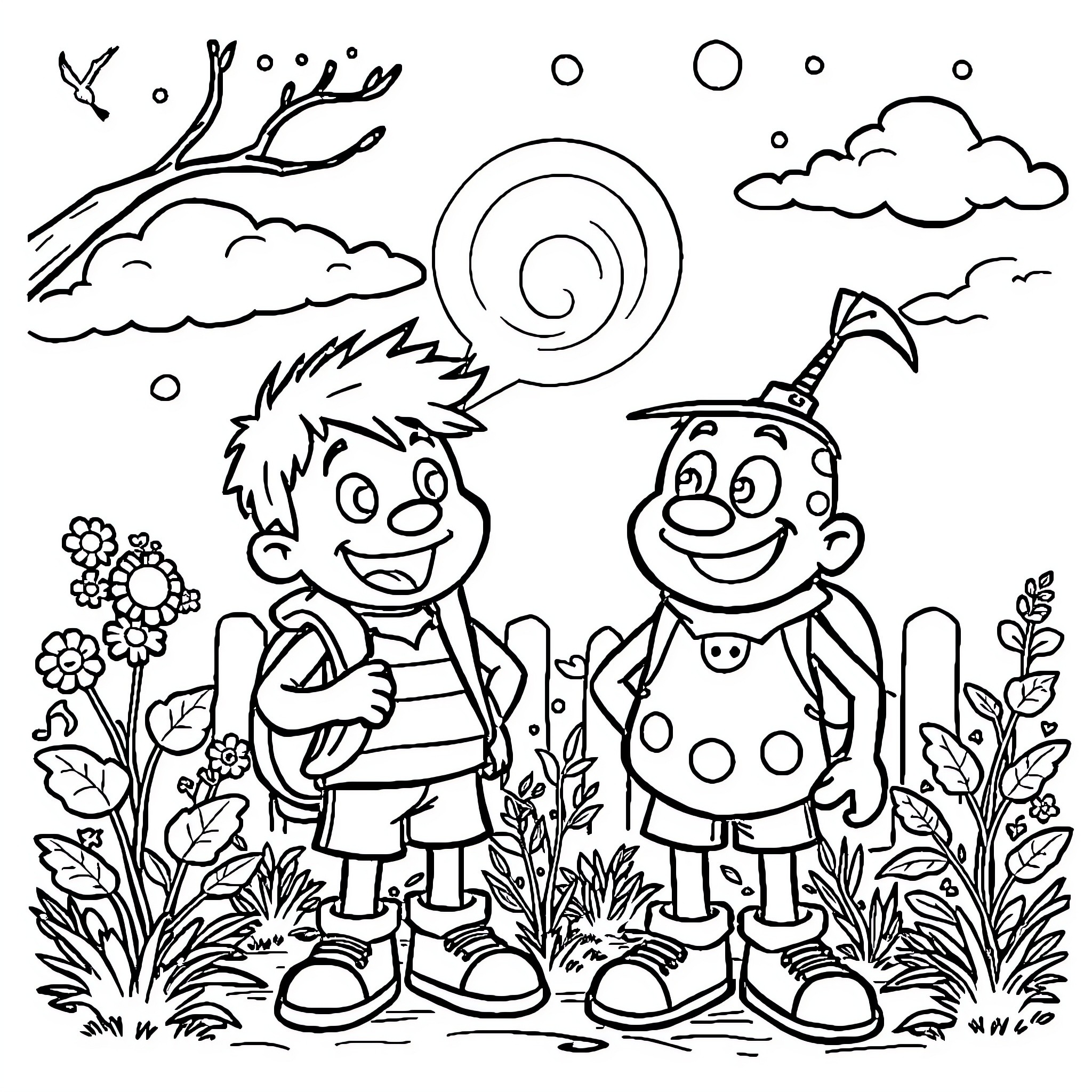 Bob and his friend explore the whimsical outdoors Coloring Page (free black-and-white line drawing printable PDF for all, from beginners to advanced learners, including children, teens, adults, and seniors)