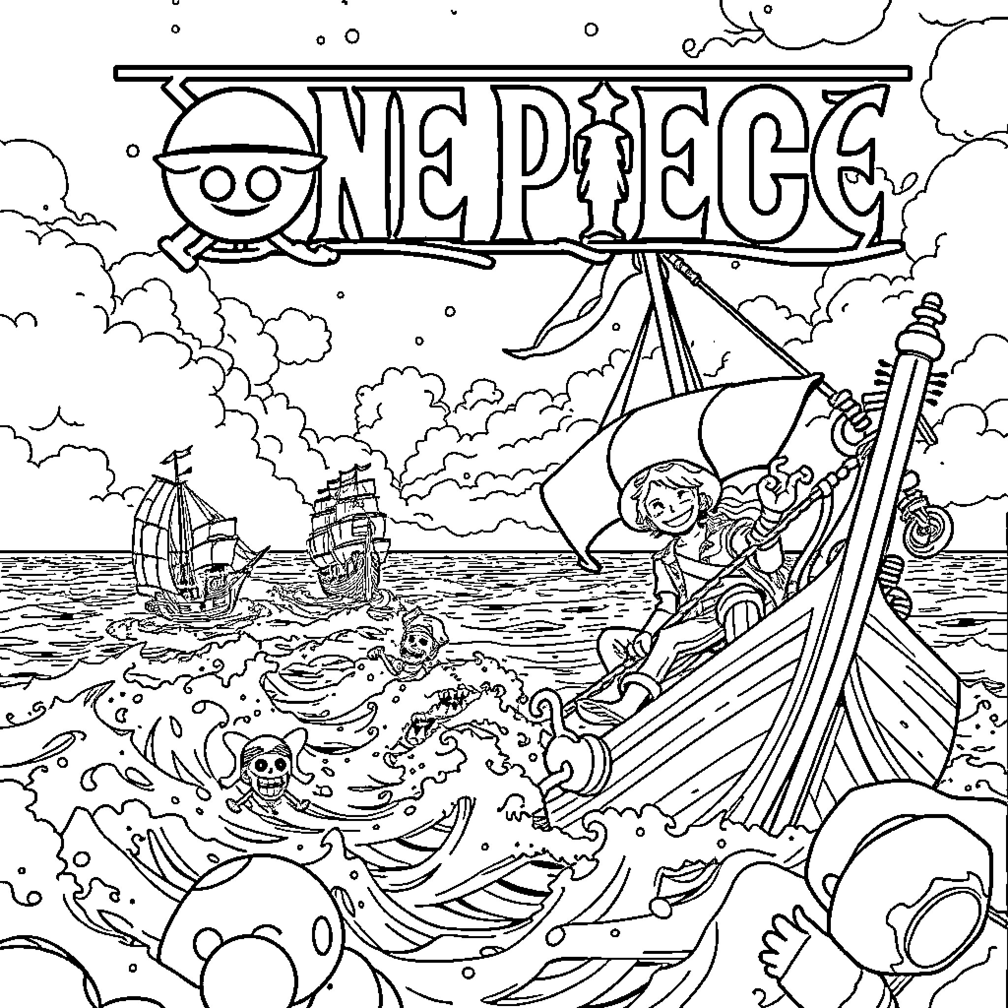 One Piece Pirate Crew Sailing the Stormy Seas Coloring Page (free black-and-white line drawing printable PDF for all, from beginners to advanced learners, including children, teens, adults, and seniors)