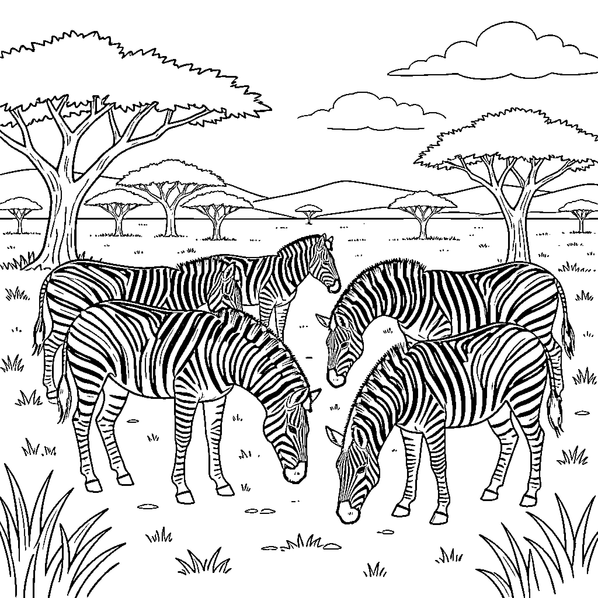 Zebra herd grazing peacefully in a savanna landscape Coloring Page (free black-and-white line drawing printable PDF for all, from beginners to advanced learners, including children, teens, adults, and seniors)