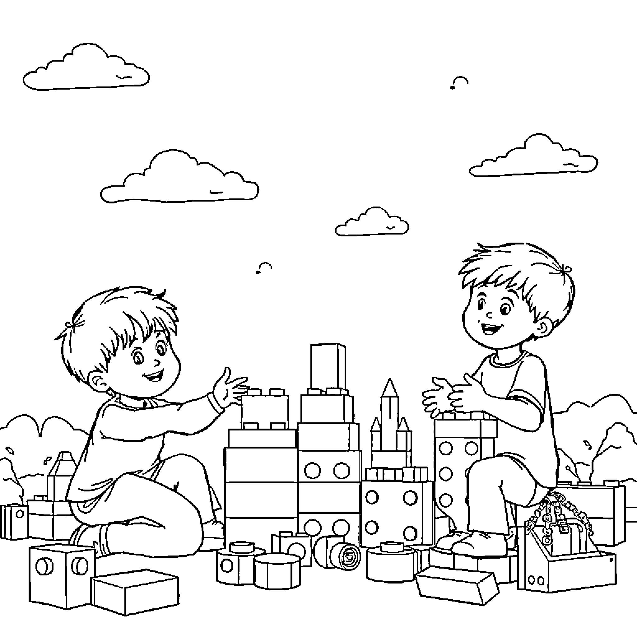 Lego boys playing with bricks in the park Coloring Page (free black-and-white line drawing printable PDF for all, from beginners to advanced learners, including children, teens, adults, and seniors)
