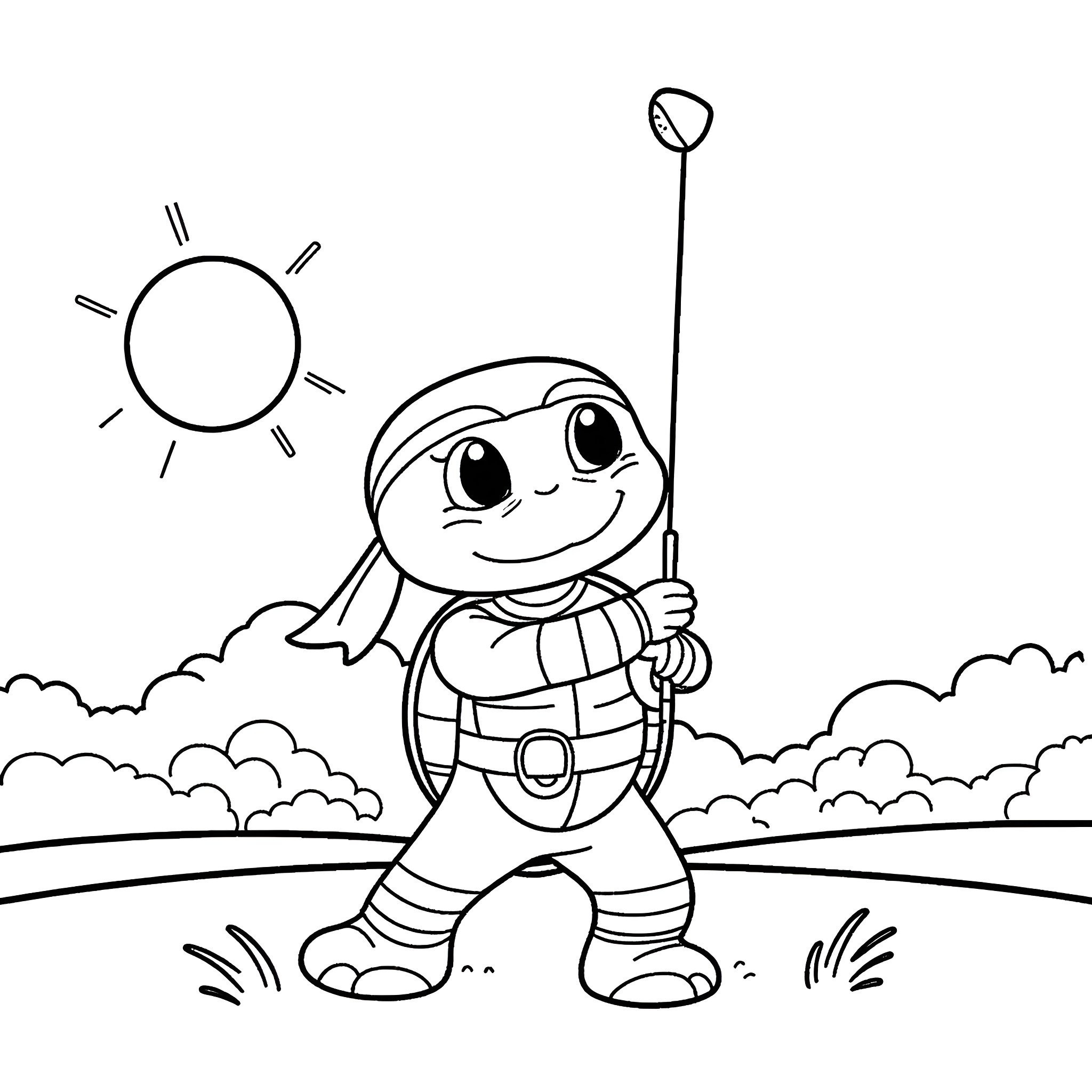Ninja Turtle exploring the outdoors on a sunny day Coloring Page (free black-and-white line drawing printable PDF for all, from beginners to advanced learners, including children, teens, adults, and seniors)