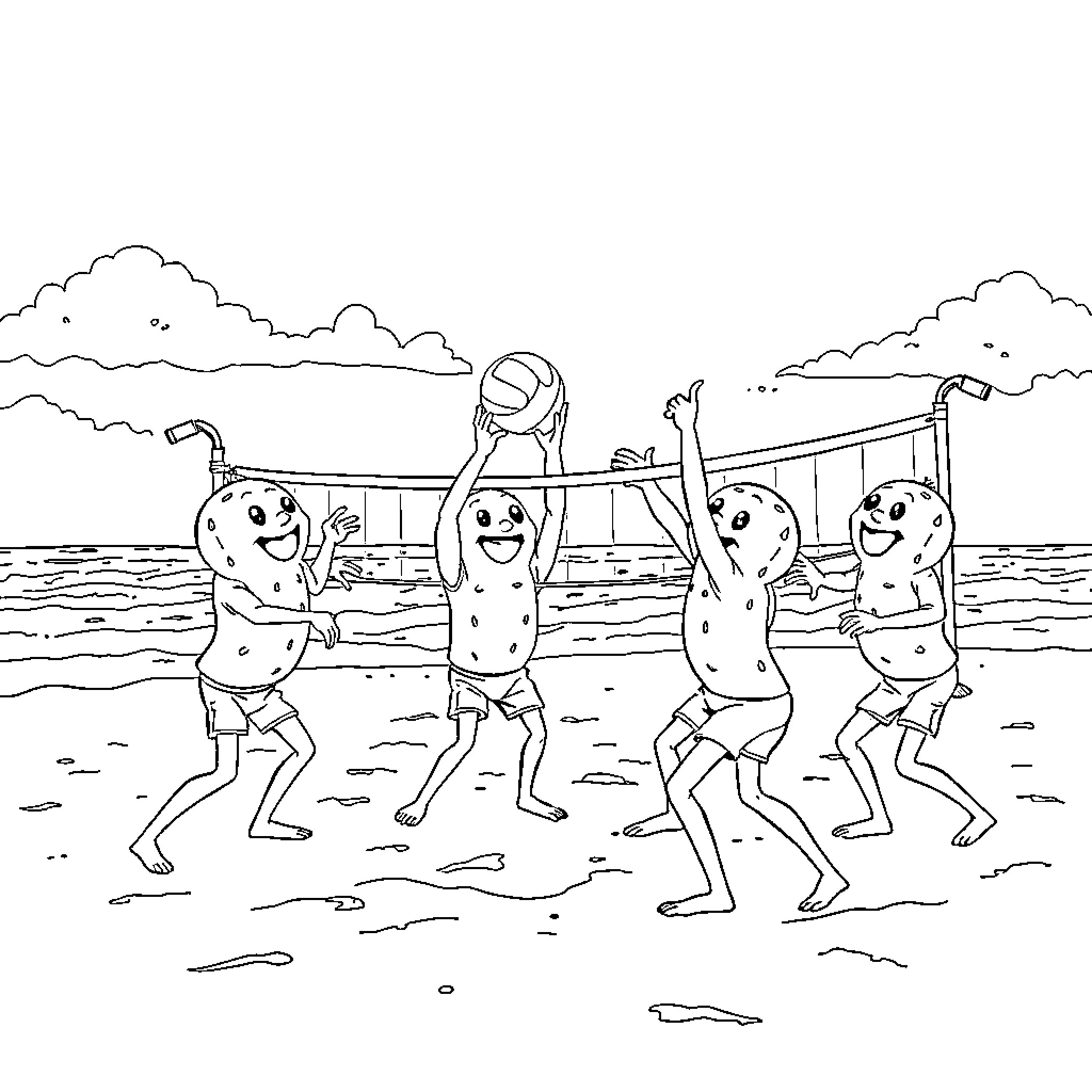 Brainrot beach volleyball shenanigans Coloring Page (free black-and-white line drawing printable PDF for all, from beginners to advanced learners, including children, teens, adults, and seniors)