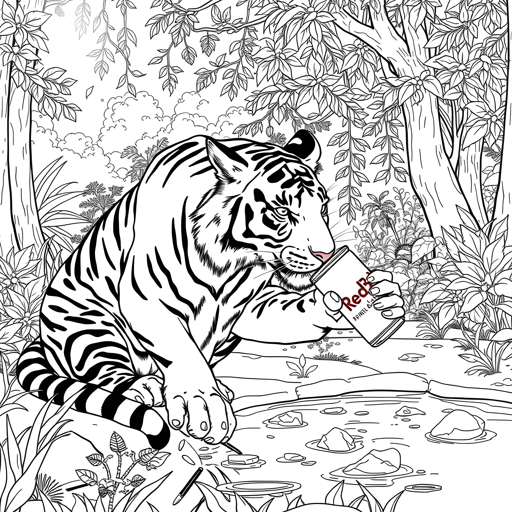 Tiger Drinking Water in Lush Jungle Scenery Coloring Page (free black-and-white line drawing printable PDF for all, from beginners to advanced learners, including children, teens, adults, and seniors)